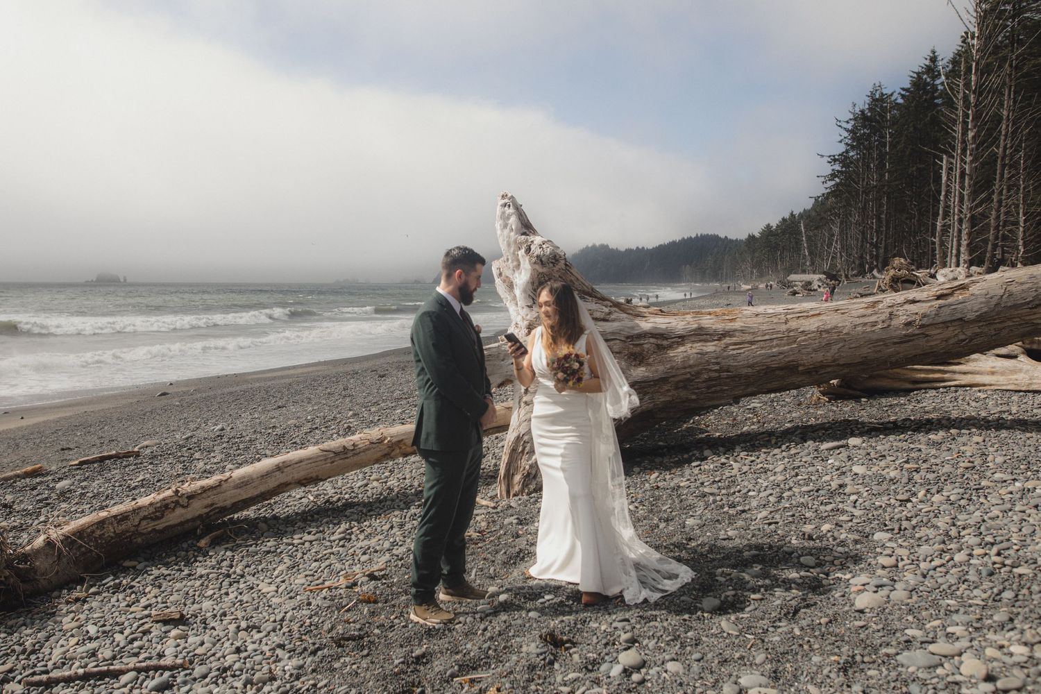 Scenic Pacific Northwest beach wedding ceremony amongst driftwood and crashing waves with mountain views in background.