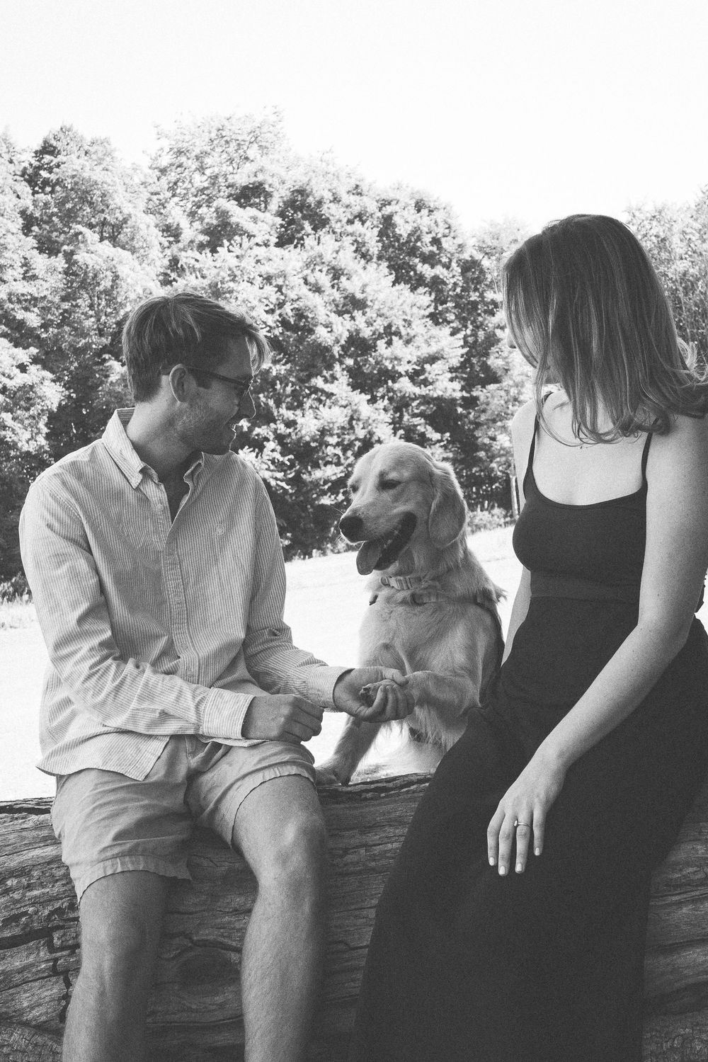 A couple sits with their Golden Retriever on a stone wall outdoors in a black and white photograph.