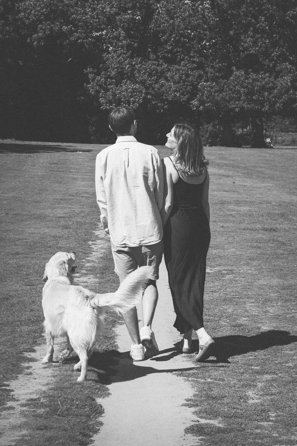 A couple takes a stroll on a sunny path with their white dog in a black and white photograph.
