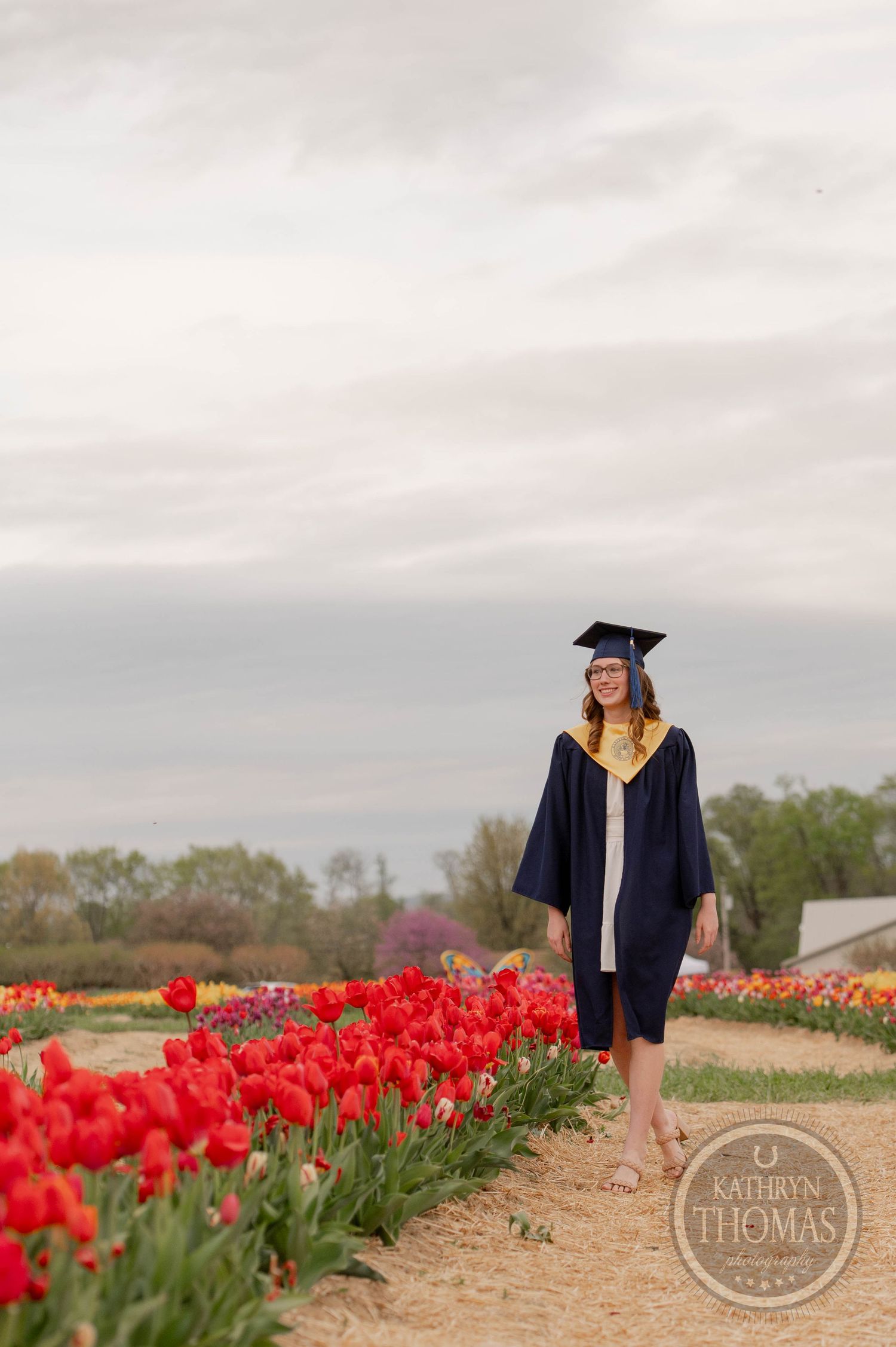Graduate in cap and gown sits on wooden swing in field of vibrant red tulips against cloudy sky.