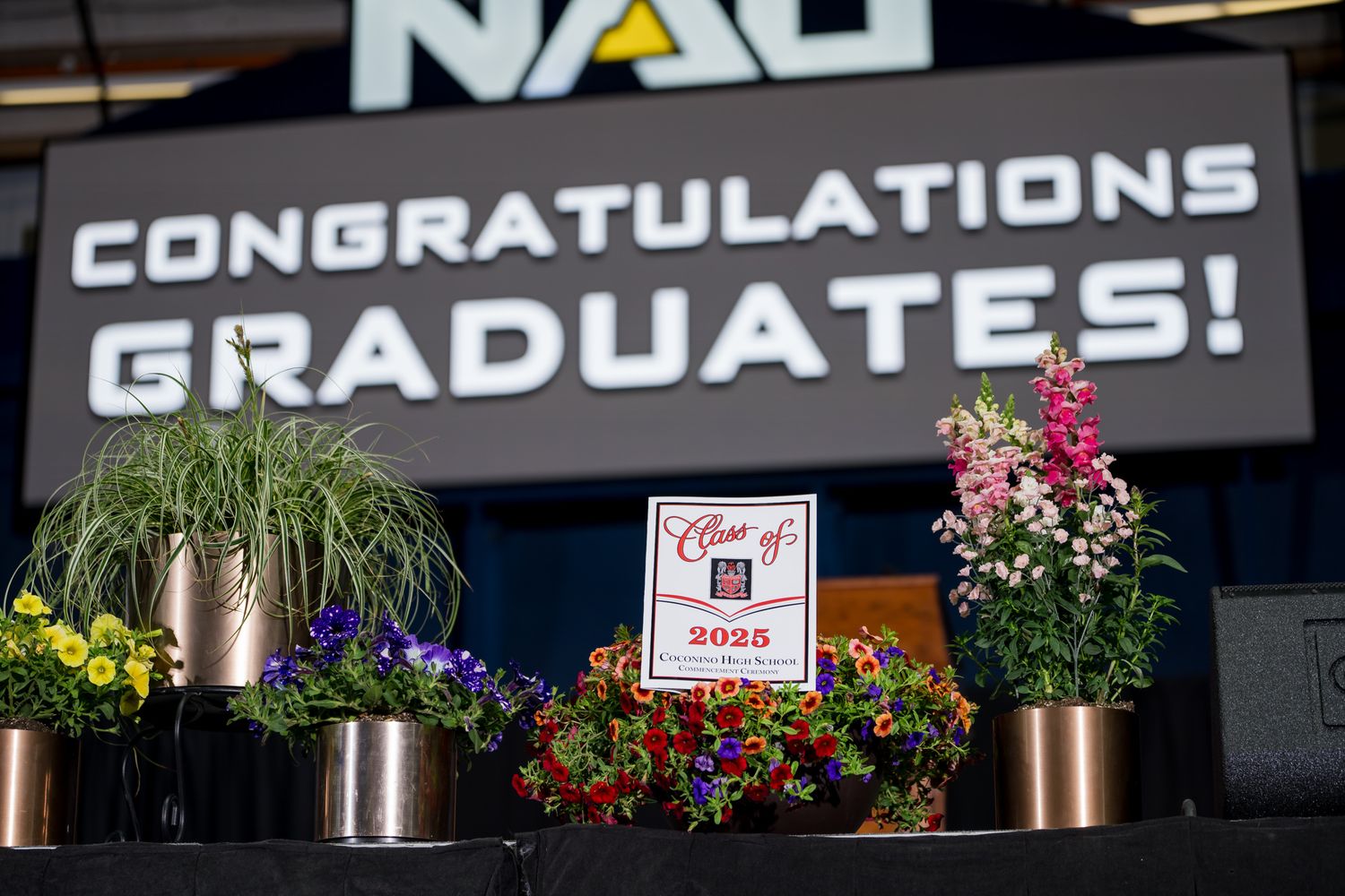 A graduation congratulations display features colorful floral arrangements in copper planters beneath an NAU banner.