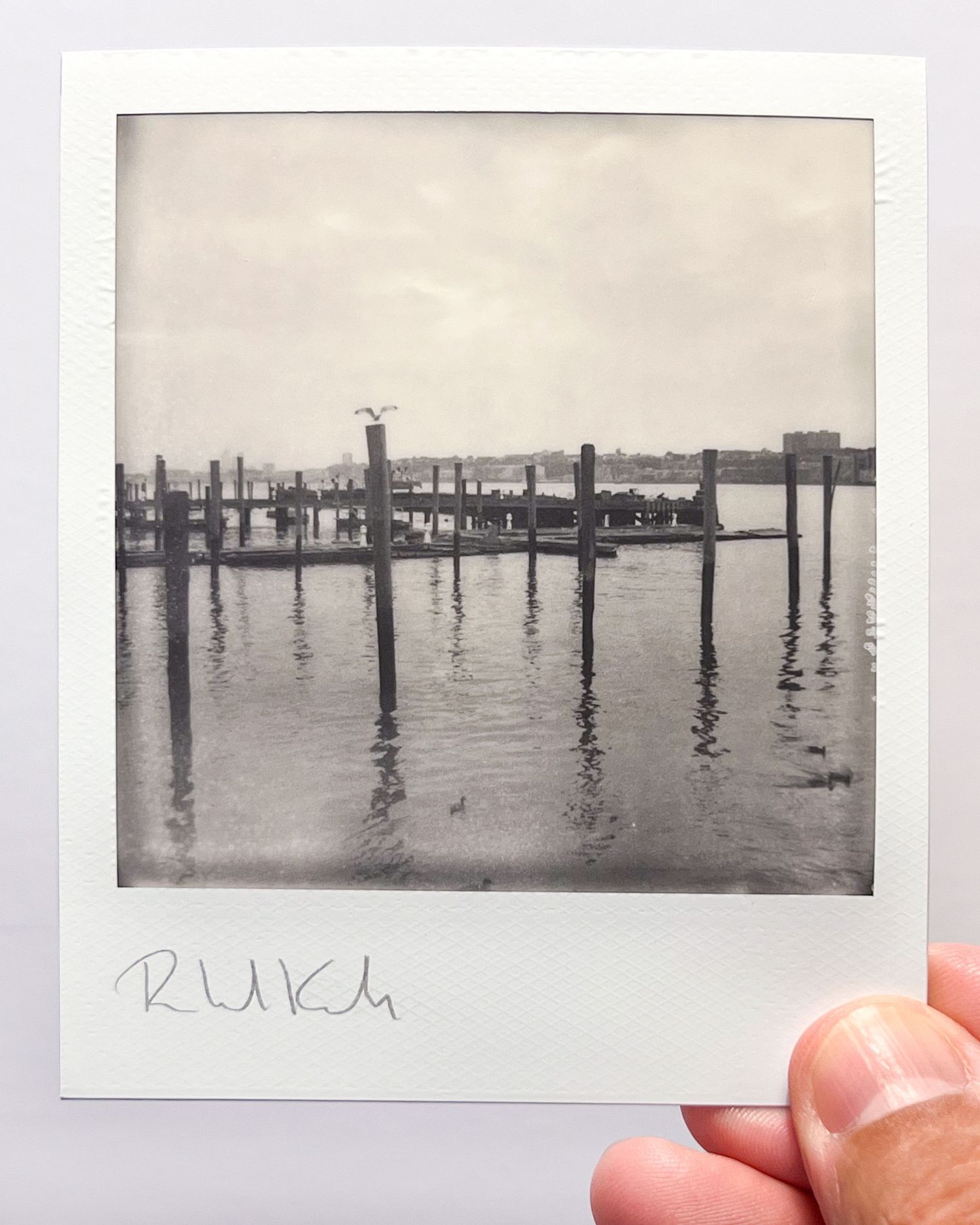 Vintage polaroid of a foggy dock with wooden posts reflecting in still water.