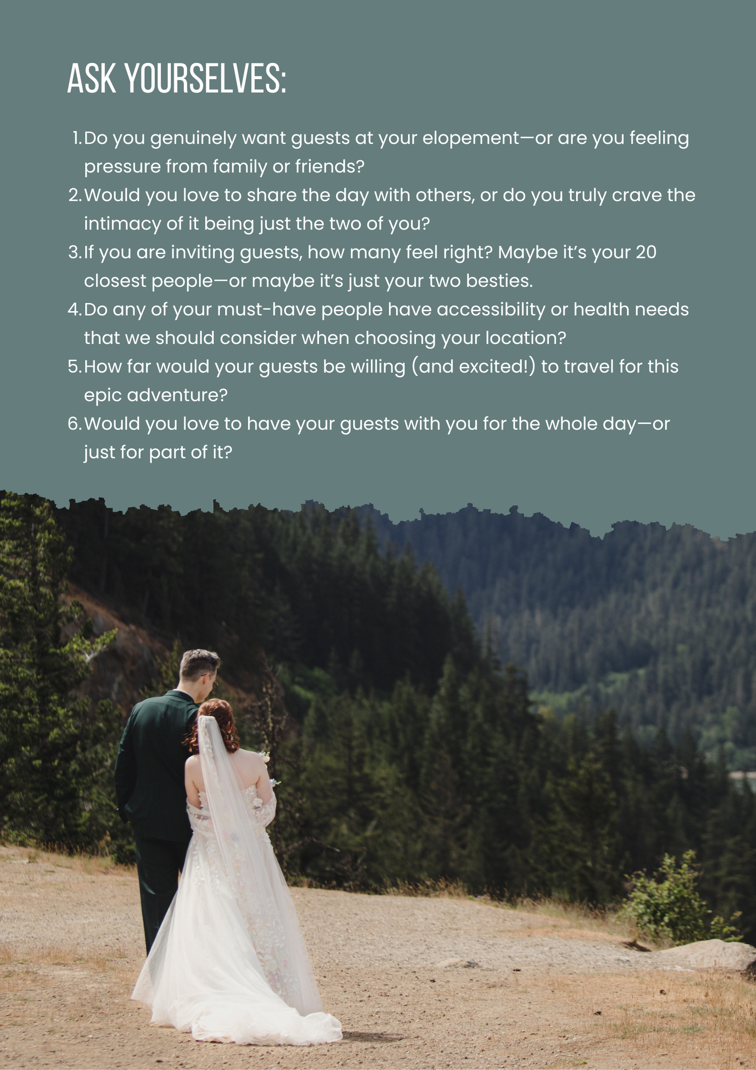 Wedding planning tips and questions overlaid on scenic mountain view with couple in formal attire on dirt path.