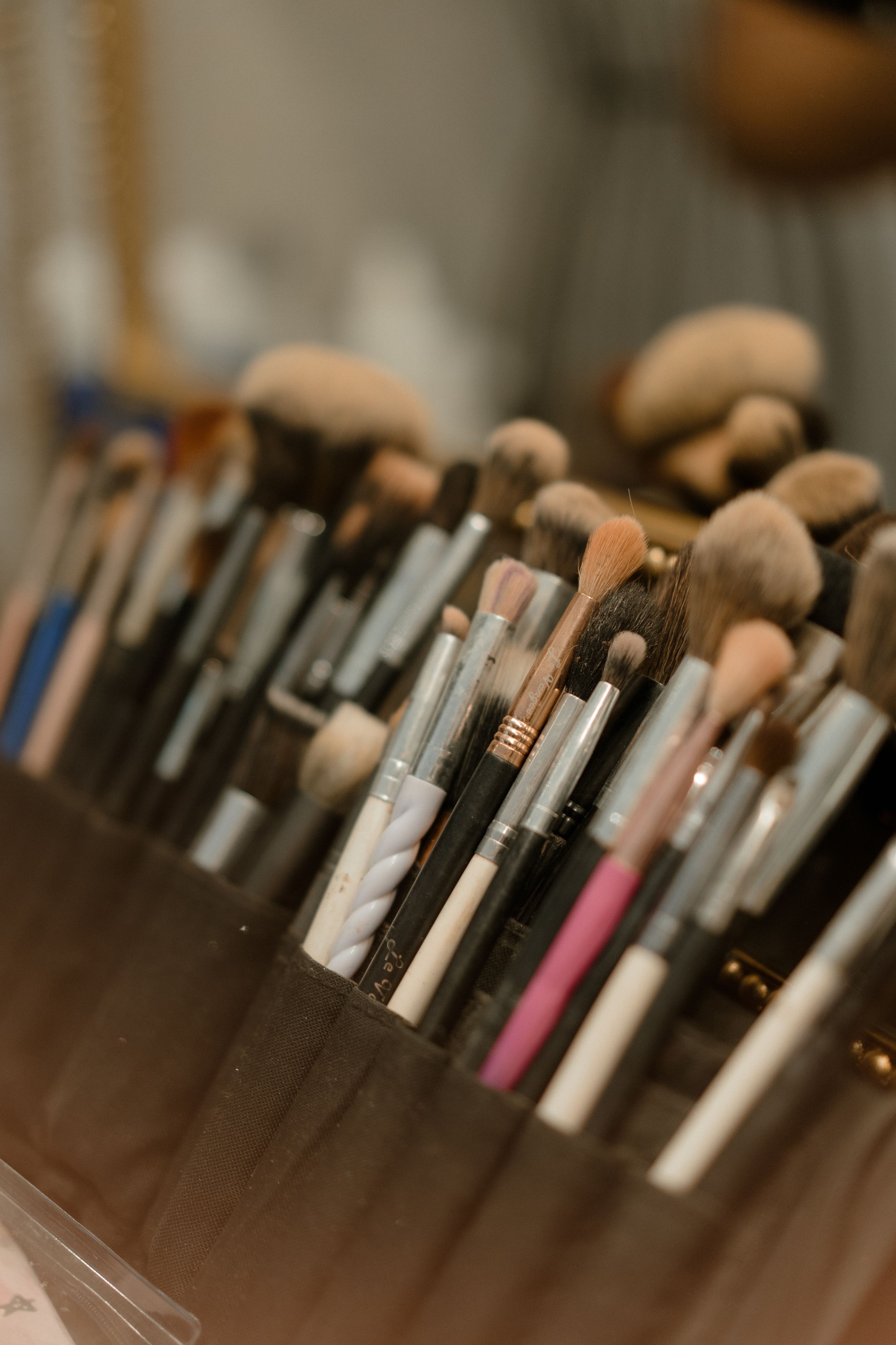 Collection of makeup brushes arranged in a row showing various sizes and textures.