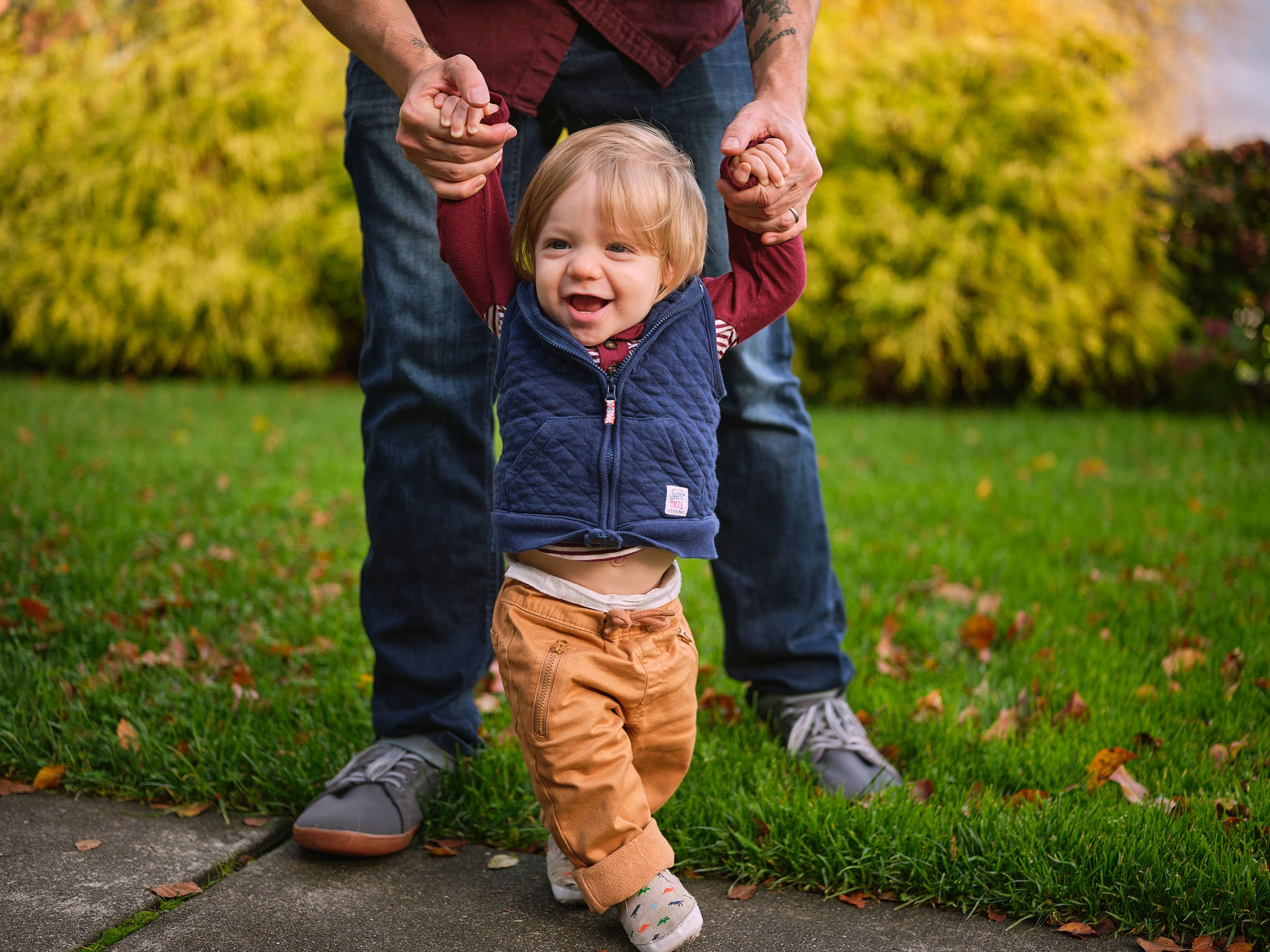 A toddler in a blue vest and tan pants learns to walk while held by supporting hands on a fall day.