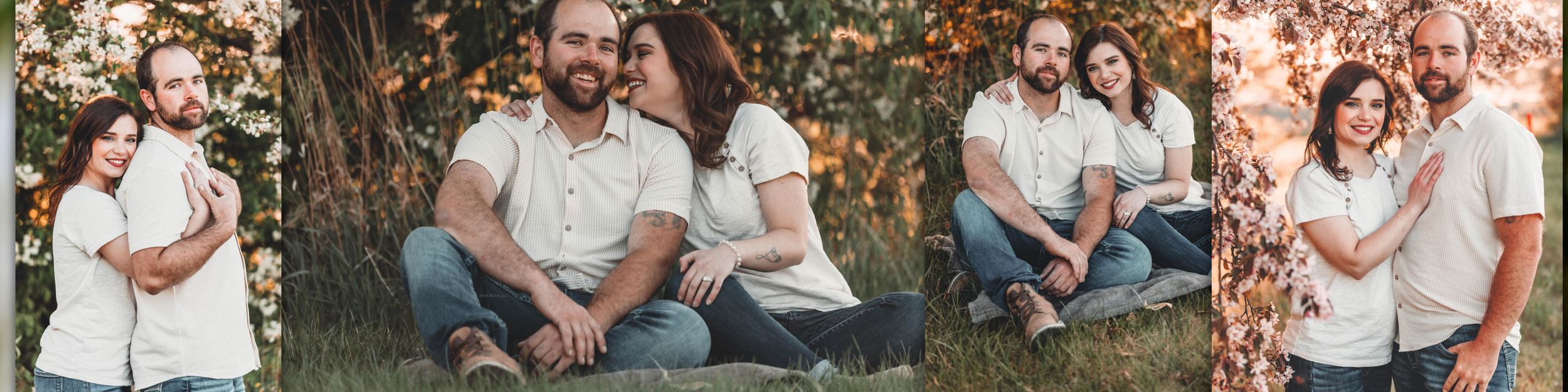 Couple in casual attire shares romantic moments while sitting together outdoors during a golden sunset.