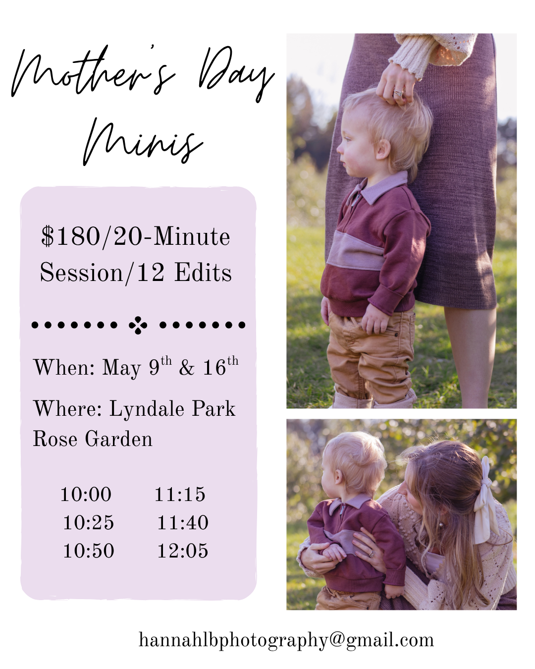 Flyer for Mother's Day Mini photography sessions at Lyndale Park Rose Garden, featuring a mom with toddler in a sunny outdoor setting.