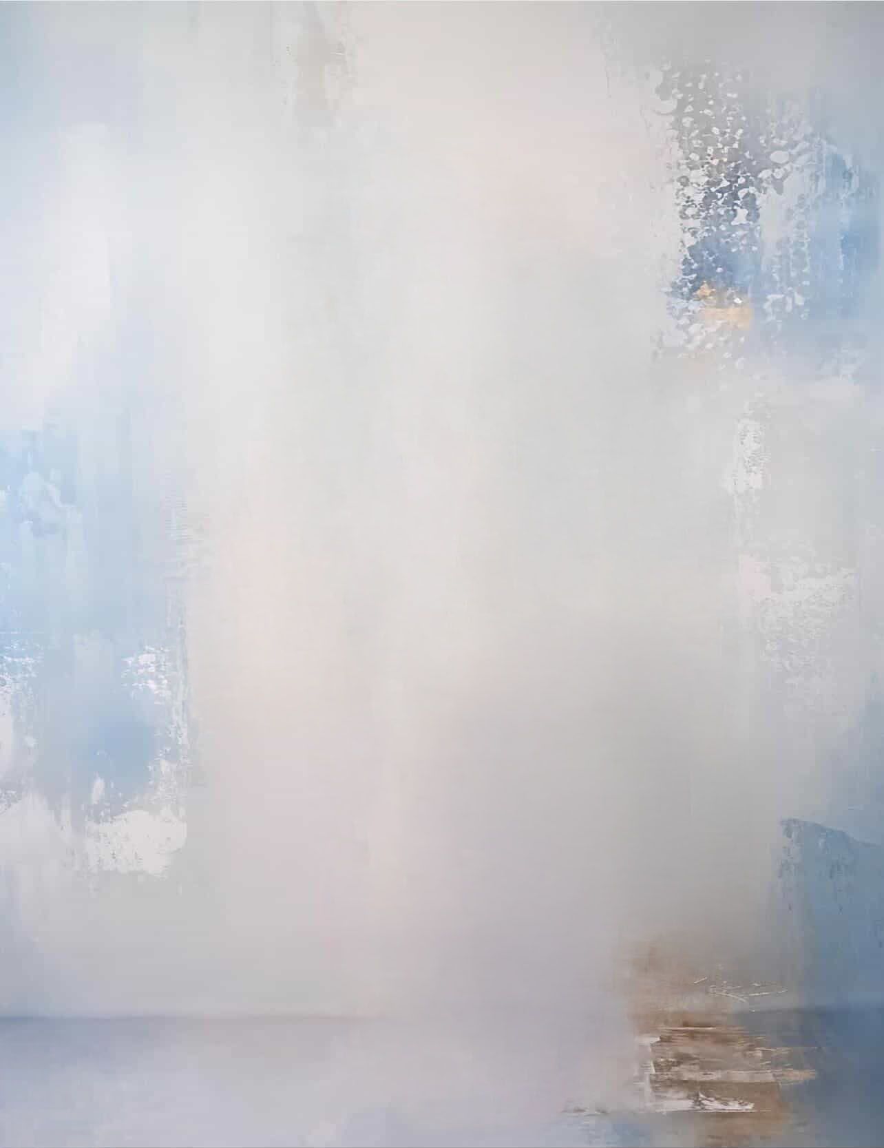 Abstract art series showing soft blue and white cloudy textures with subtle pink undertones creating an ethereal atmosphere.