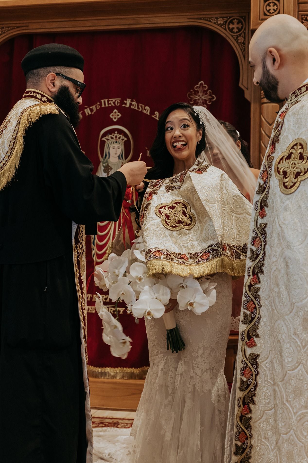 A series of wedding ceremony photos showing intimate moments between the couple in a richly decorated church venue.