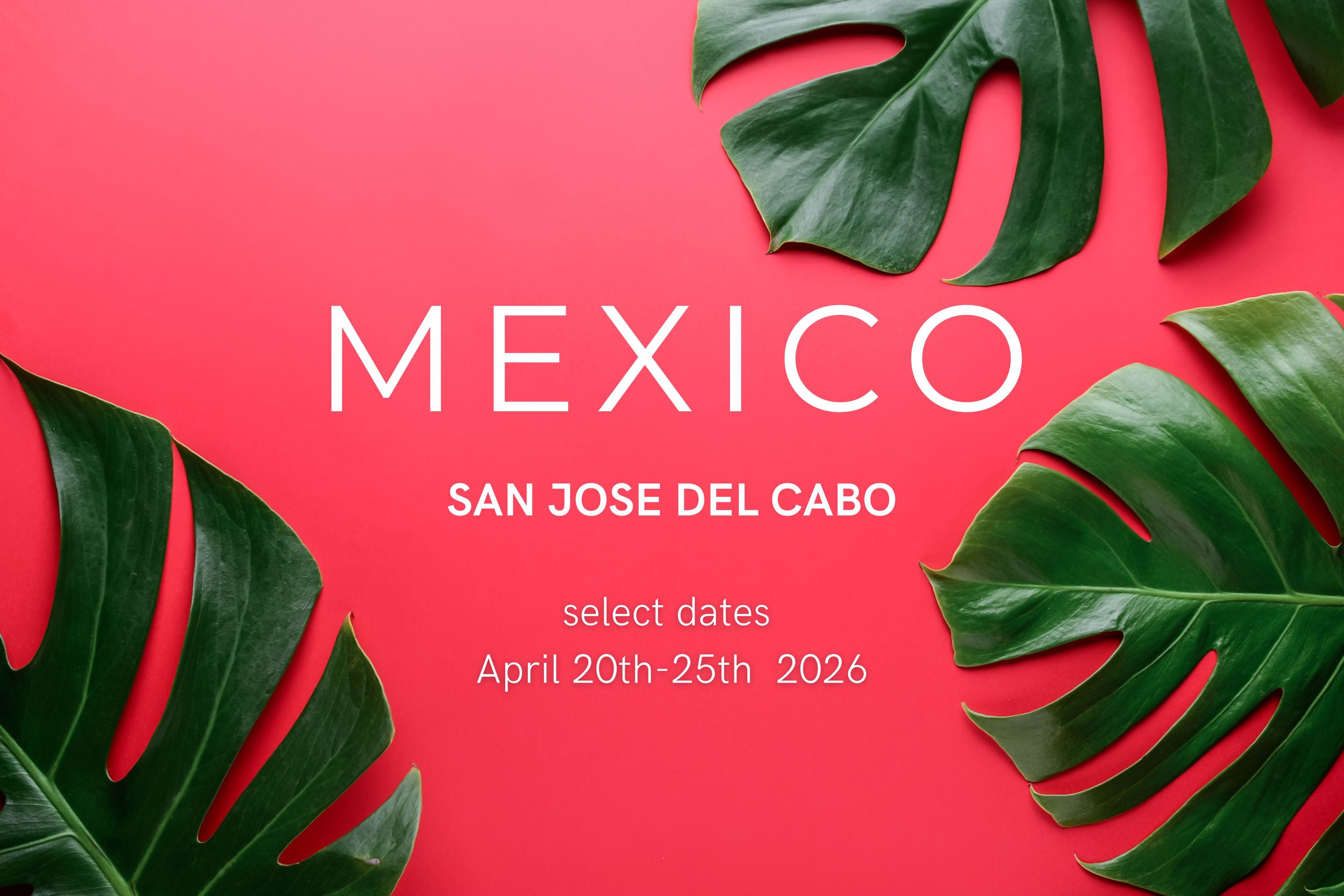 Mexico April 2026 travel promotional graphic with sandy beach, turquoise ocean, palm trees, and decorative seashell illustrations.