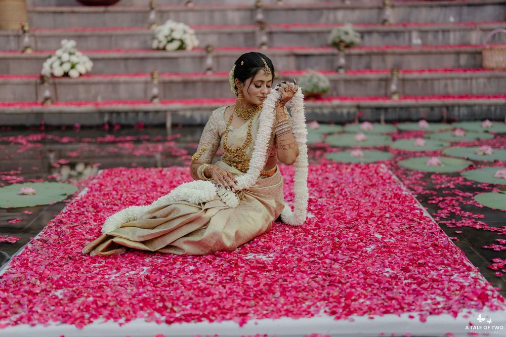 Artistic photo composition with pink rose petals arranged on steps creating a romantic backdrop.