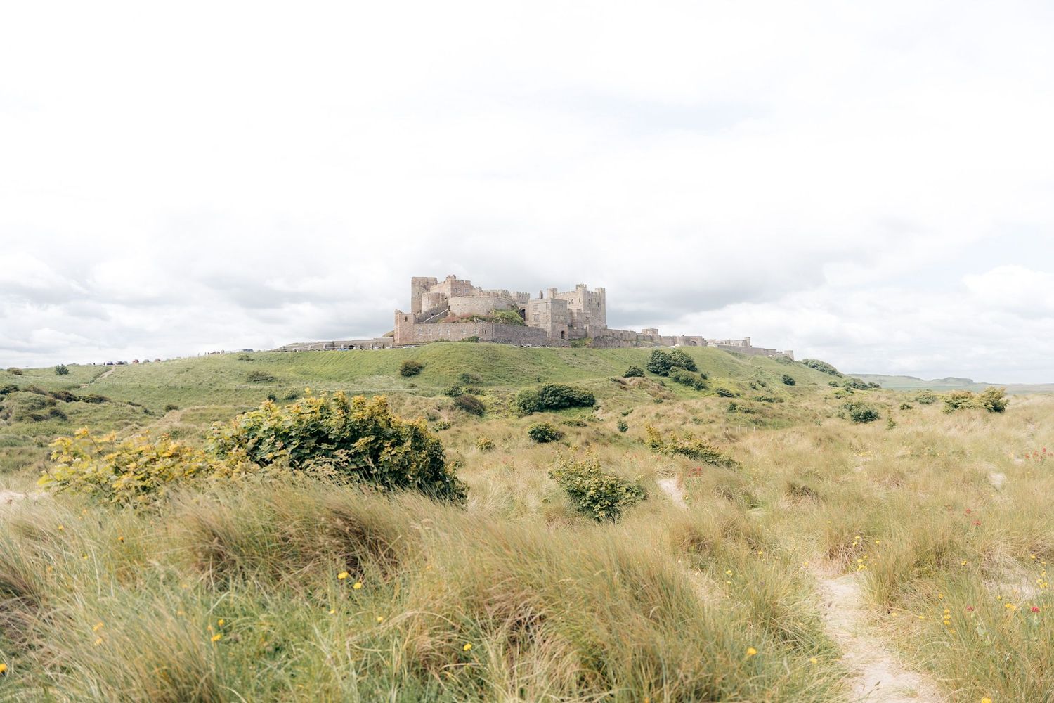 Paysage du château de Bamburgh avec des champs en premier plan