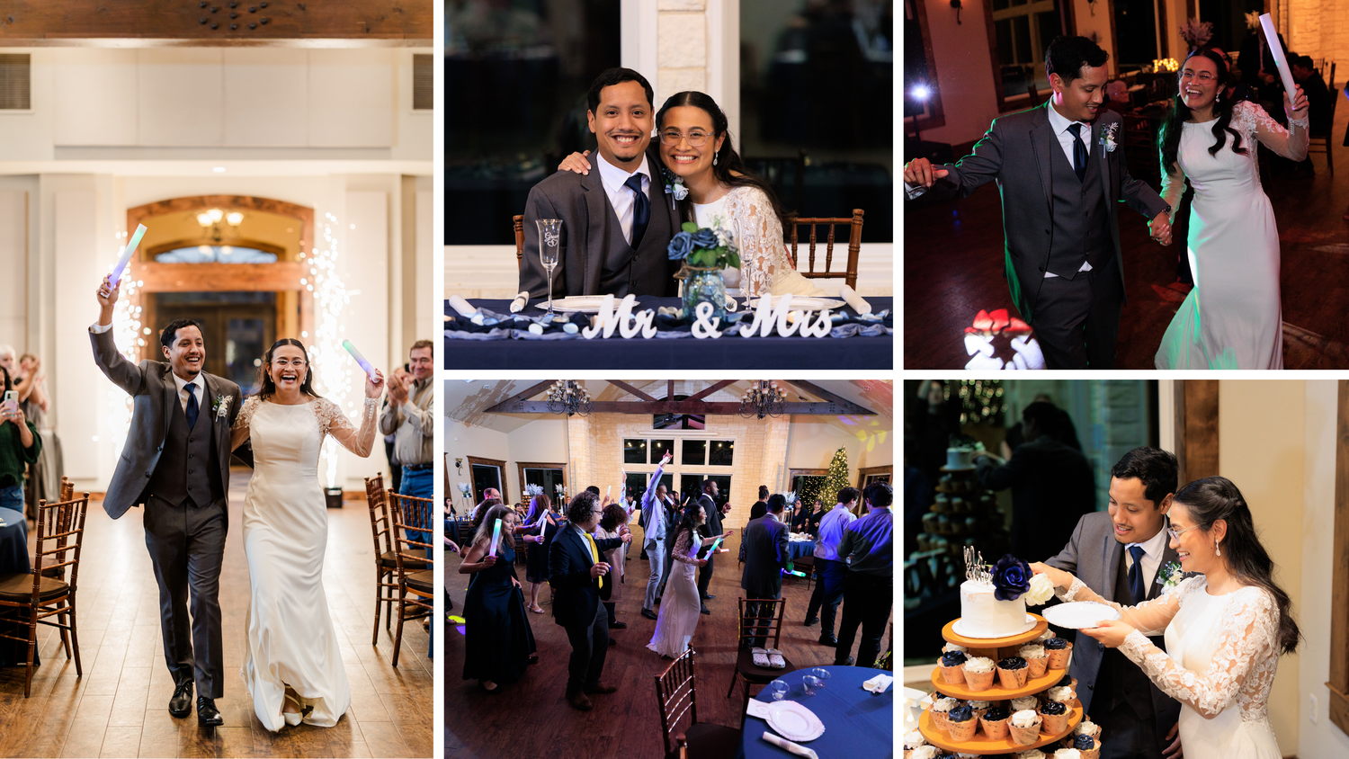 Wedding reception highlights showing grand entrance, first dance, and couple cutting tiered cake indoors.