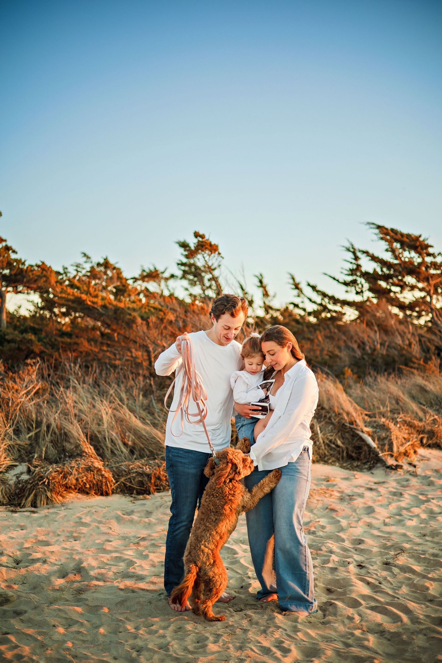 A couple embraces lovingly on a dirt path beside tall ornamental grasses on an overcast afternoon.