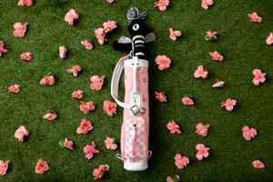 Pink golf clubs scattered on green turf with scattered coral-colored flower petals creating a feminine aesthetic.