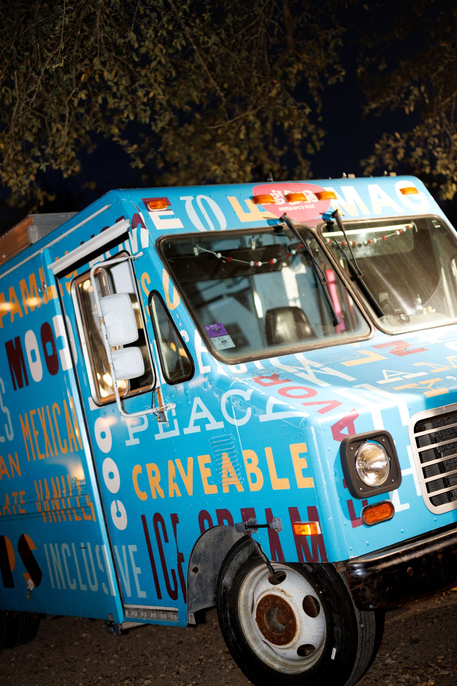 A vintage blue ice cream truck with 'PEACE' and 'CRAVEABLE' text painted on its side parked under trees at night.