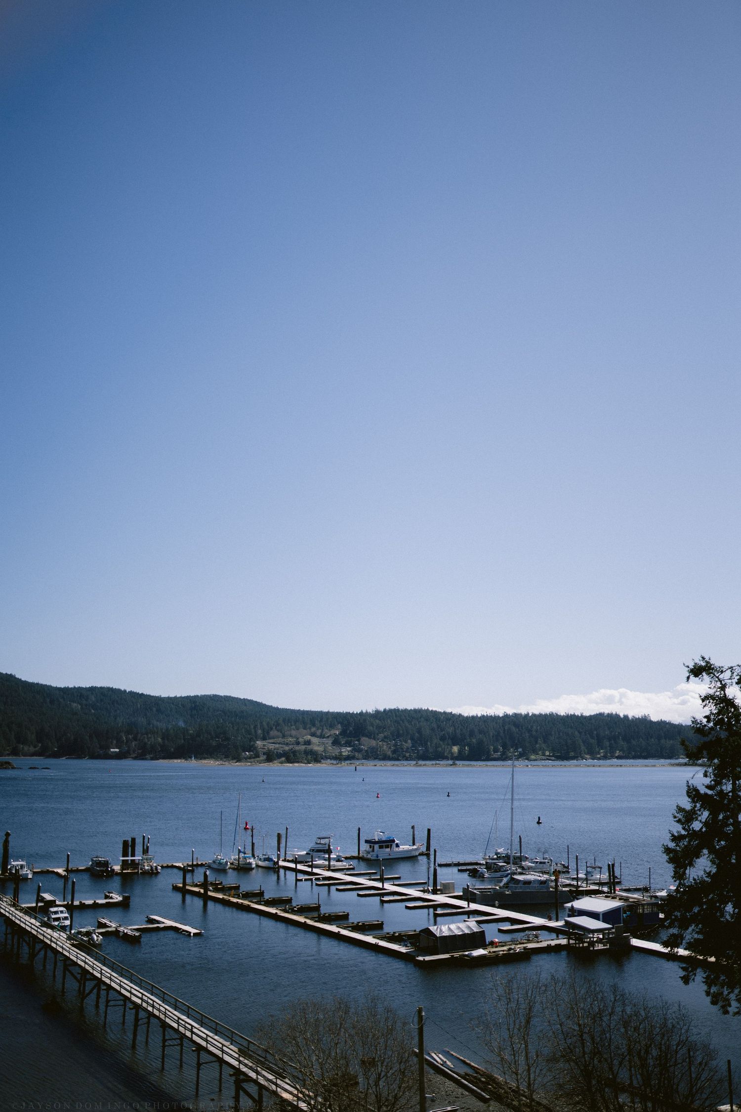 Scenic marina with docked boats on calm blue water surrounded by forested hills under a clear sky.