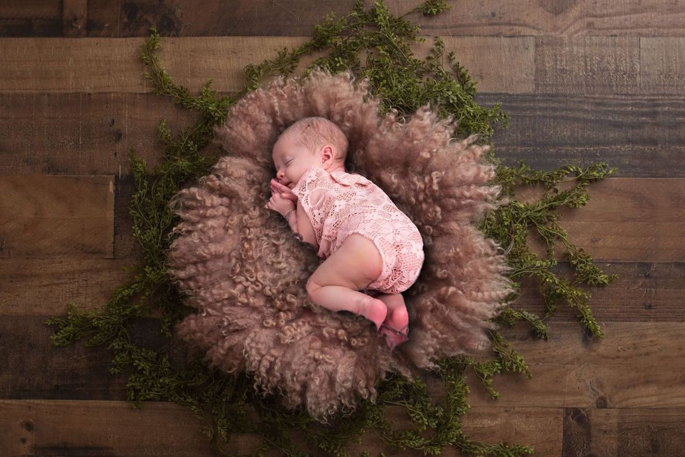 A sleeping newborn nestled in fluffy brown fabric surrounded by green foliage on wooden backdrop.