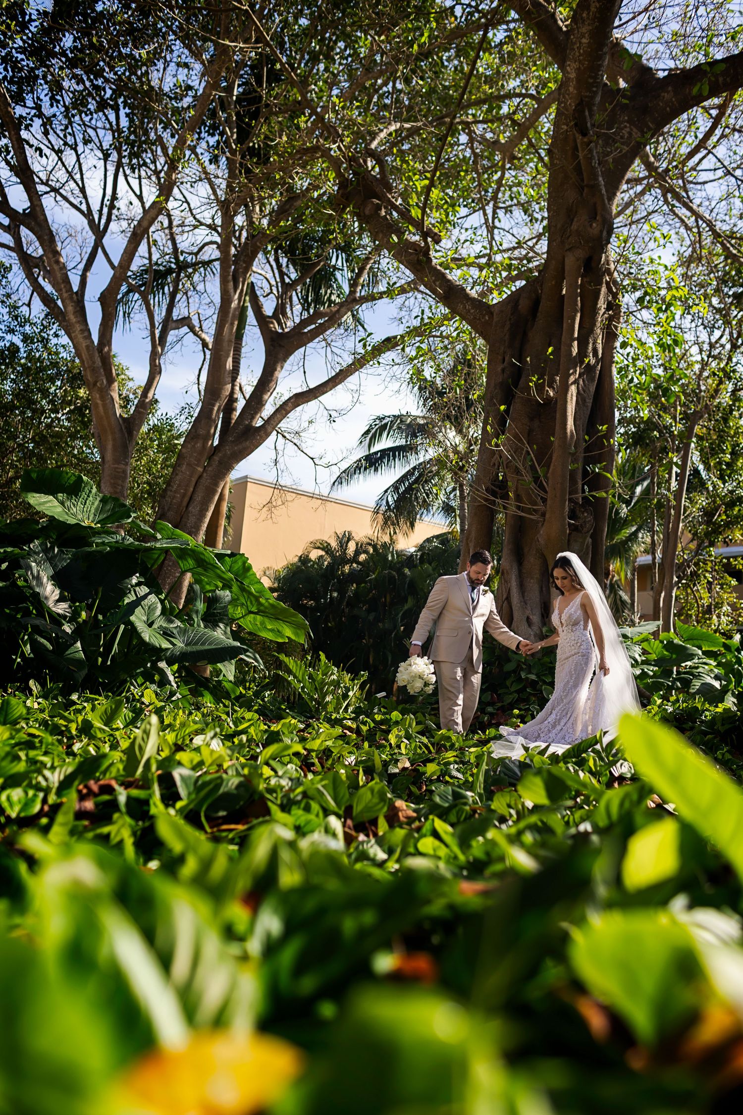 Bride portrait surrounded by tropical greenery at Barceló Maya Grand Resort wedding in Riviera Maya Mexico.