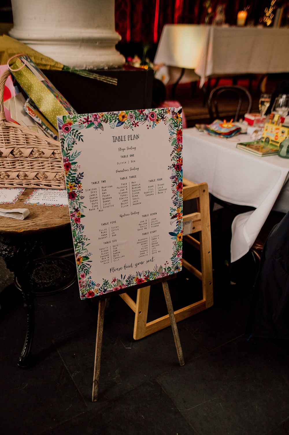 A wedding seating chart displayed on a wooden easel with floral border decorations at a reception venue.