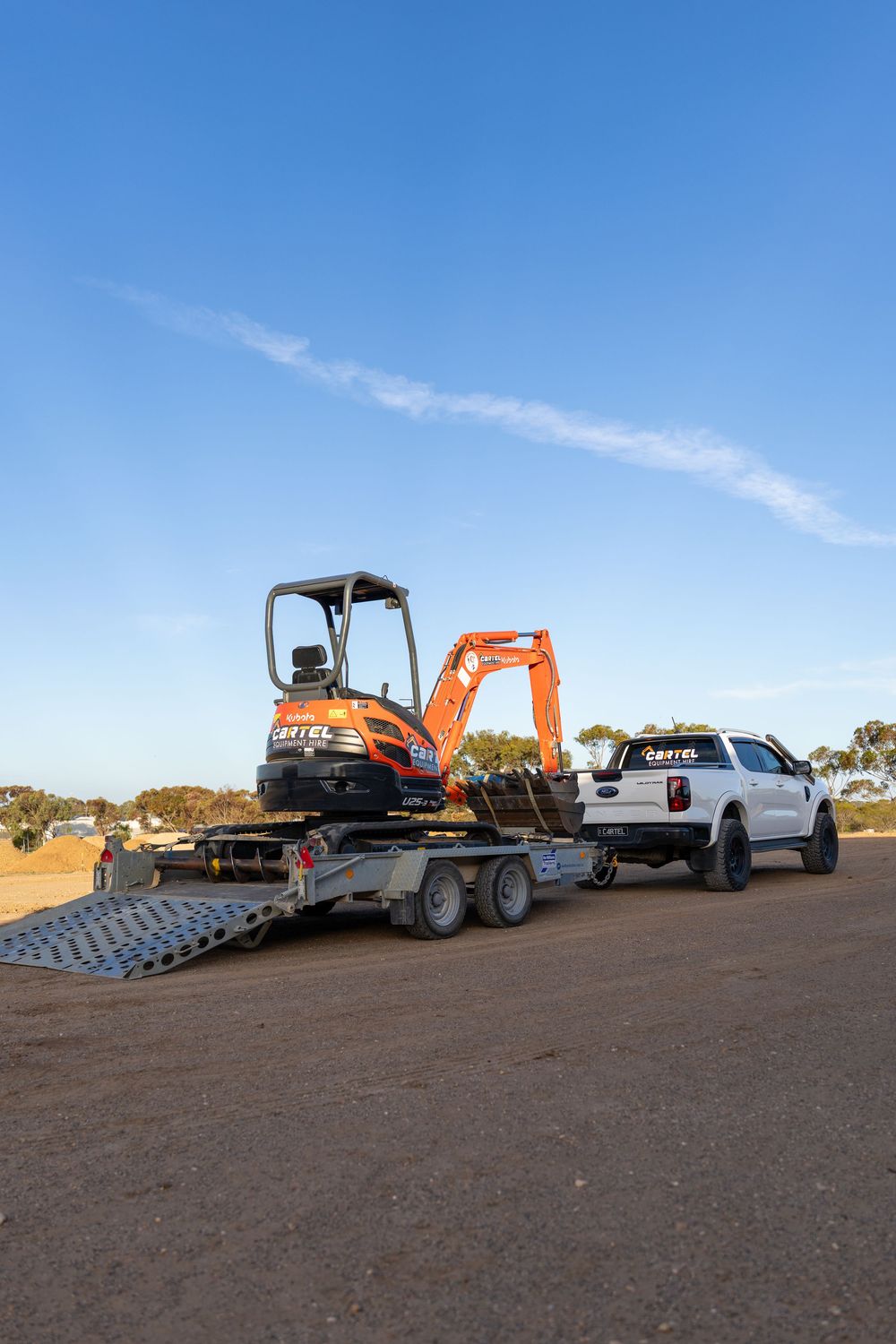 Mini excavator on trailer behind ute – Cartel Equipment Hire Murray Bridge