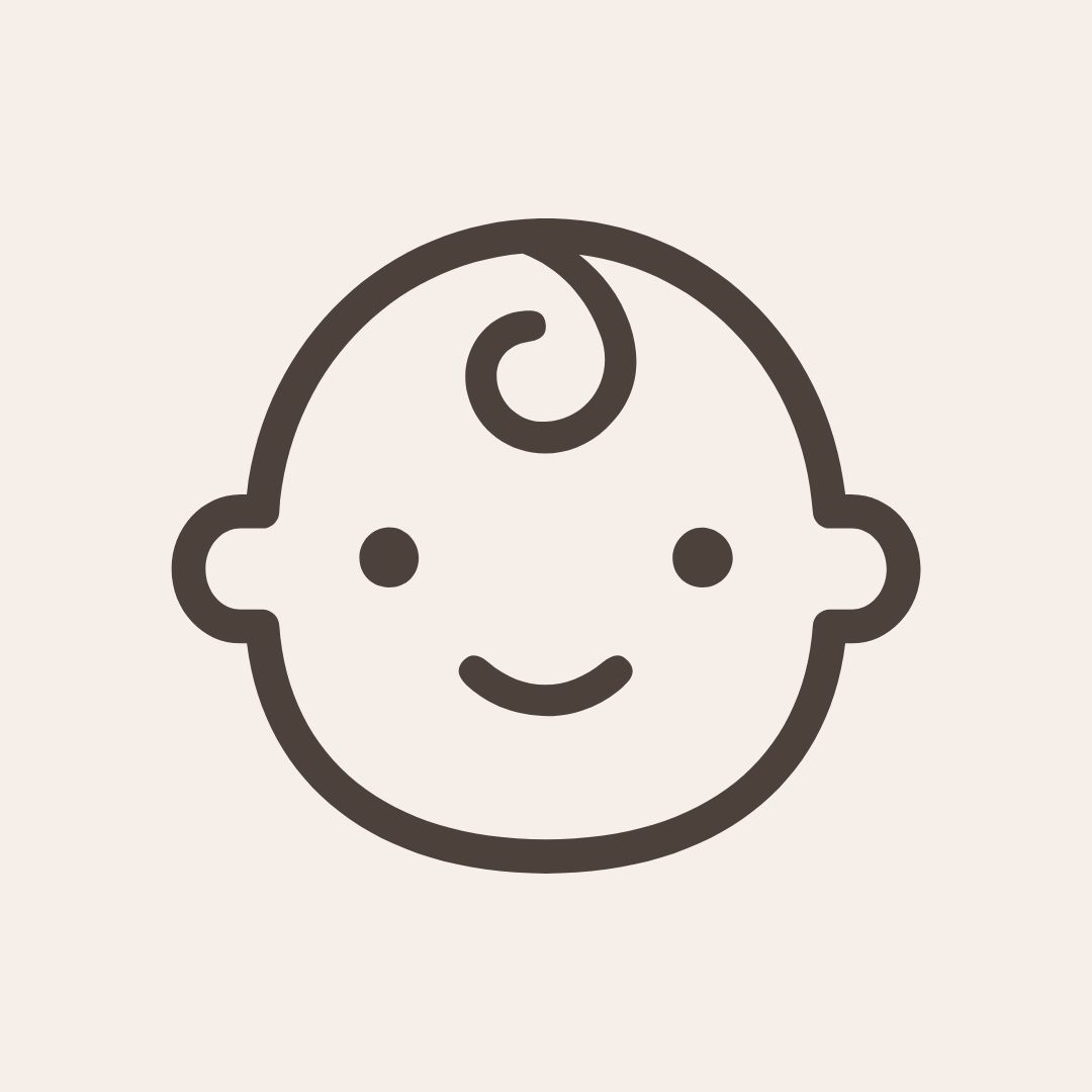 Simple black line drawing of a smiling baby face icon with curly hair curl on white background.