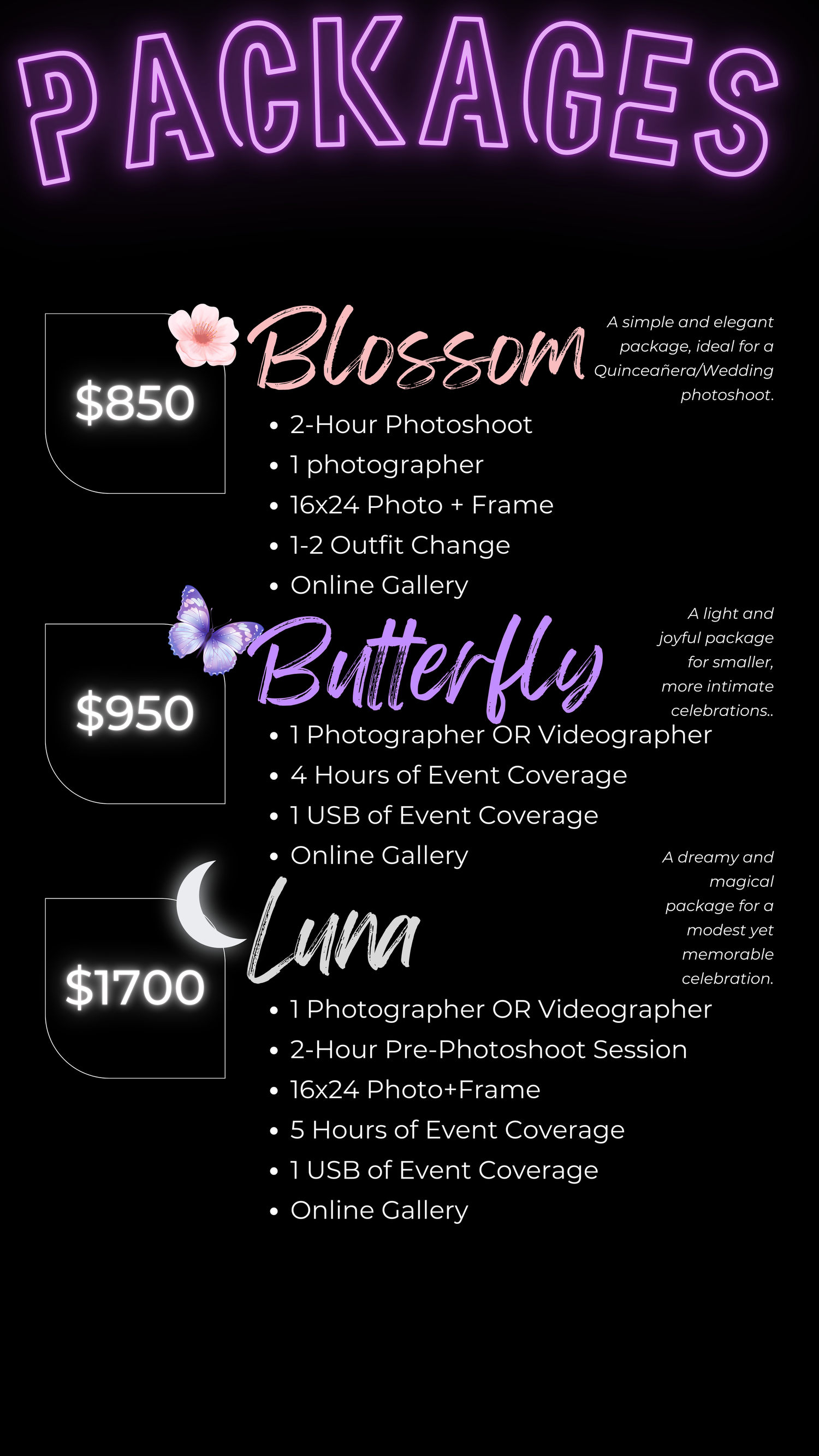 A purple neon photography price list showing three packages: Blossom at $850, Butterfly at $950, and Luna at $1700 with services.