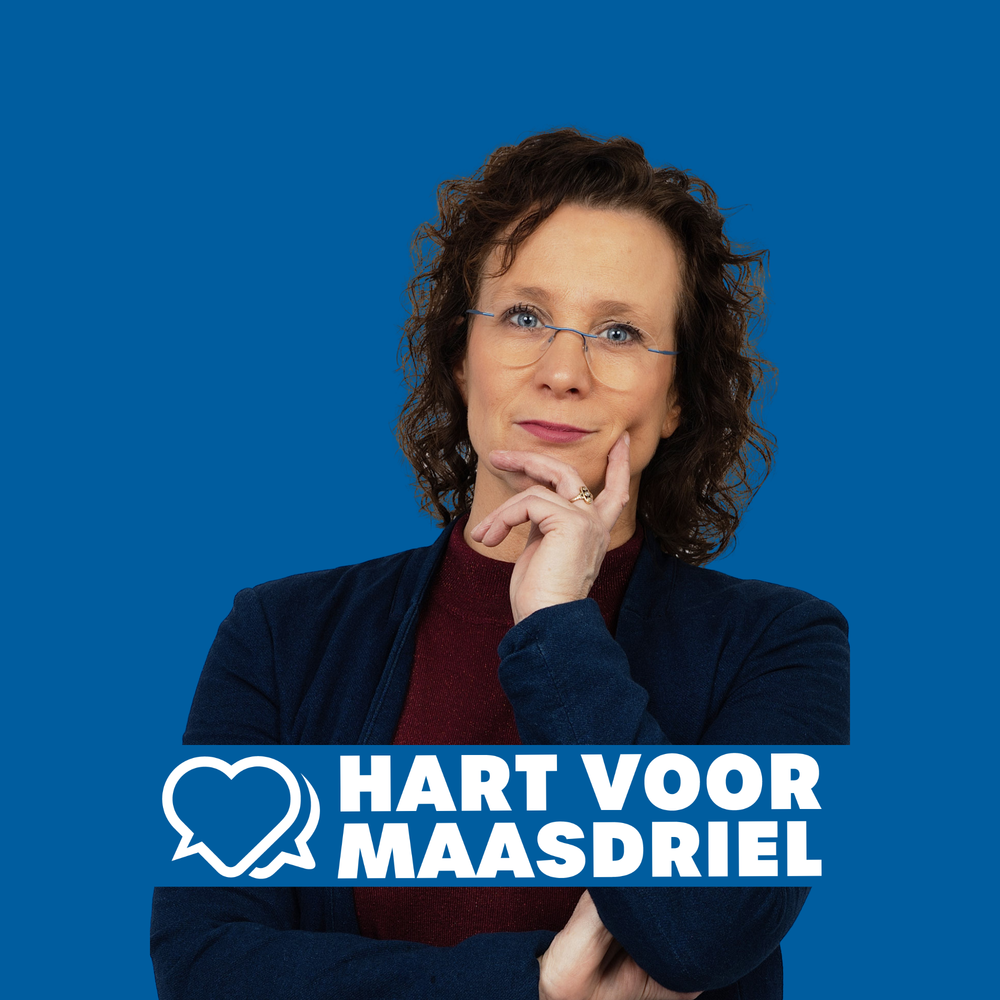 Woman in blue blazer posing thoughtfully for Hart voor Maasdriel political campaign on blue background.