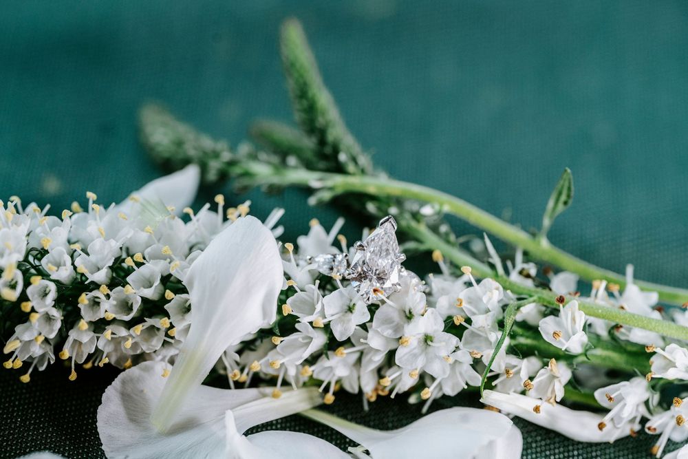 Diamond engagement ring resting on delicate white wildflowers against a green background.