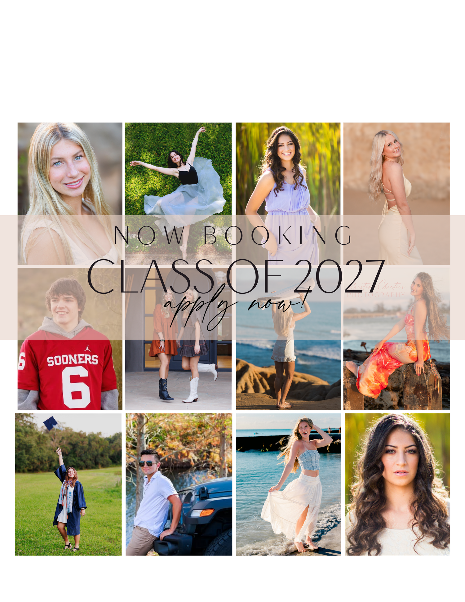 Pink text banner reading Now Booking Class of 2027 with a decorative pink brushstroke underline.