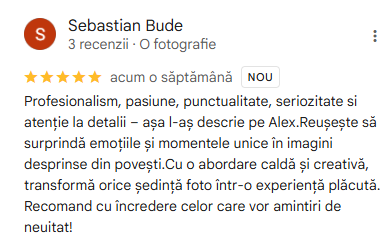 Screenshot of a 5-star review with Romanian text feedback.
