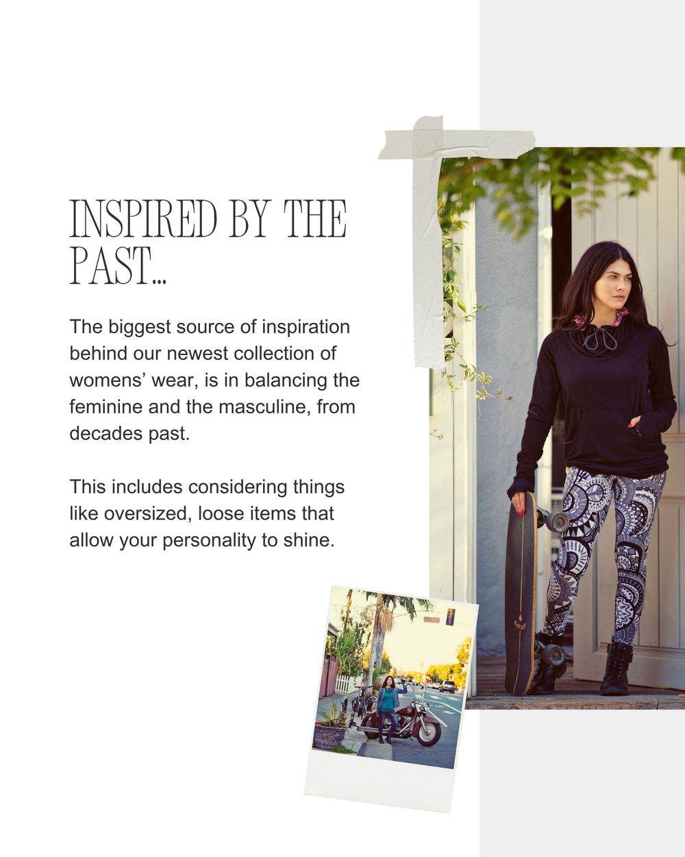 Woman in black top and printed leggings poses outdoors beside fashion editorial text about feminine and masculine style inspiration.