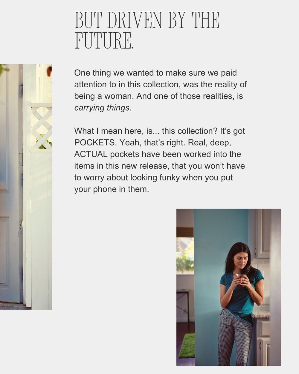 Woman in teal top using smartphone outdoors near a home entrance, showcasing functional pockets in stylish women's clothing collection.