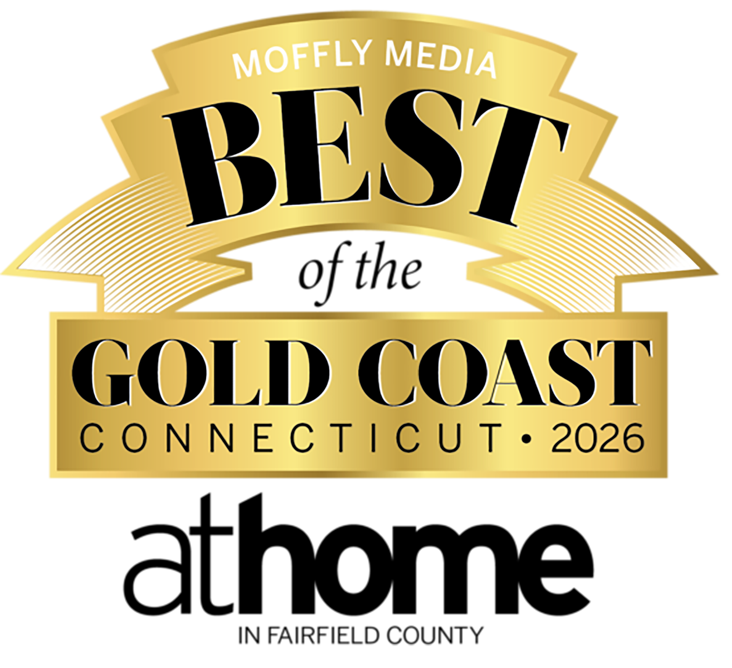 Moffly Media Best of the Gold Coast Connecticut 2026 award badge, featured in At Home in Fairfield County magazine.