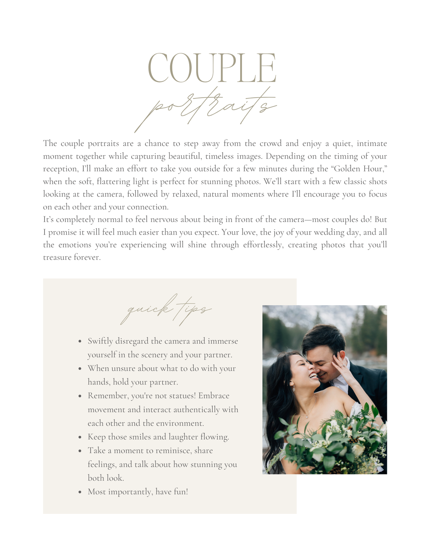 A romantic couple embraces outdoors during golden hour, surrounded by lush greenery, featured on a wedding photography guide page.