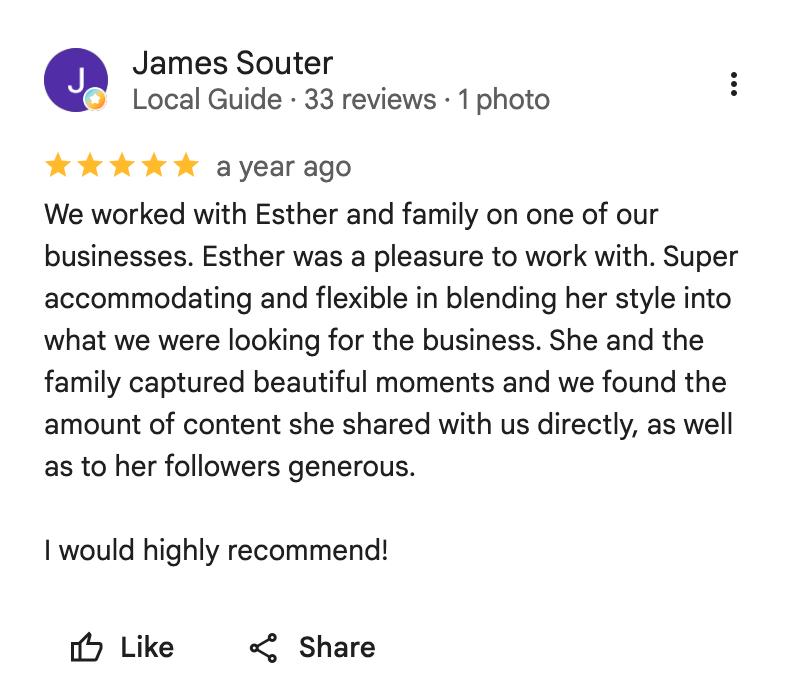 Five-star Google review from Local Guide James Souter praising Esther and family photography business for flexibility and content sharing.