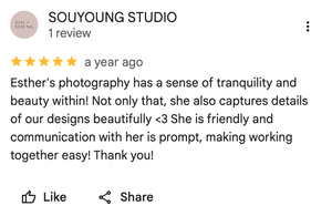 Five-star Google review for Souyoung Studio praising photographer Esther for tranquility, beauty, and prompt communication.
