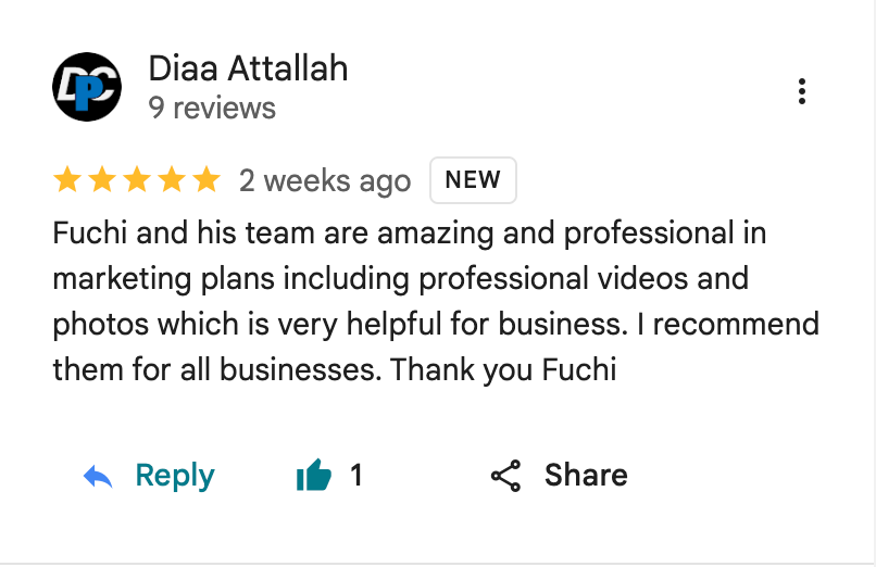5-star Google review from Diaa Attallah praising Fuchi and his team for professional marketing videos and photos.