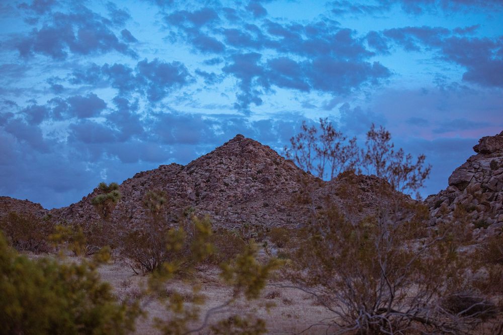 Desert rocky hills under dramatic blue twilight sky with sparse shrubs in arid landscape.