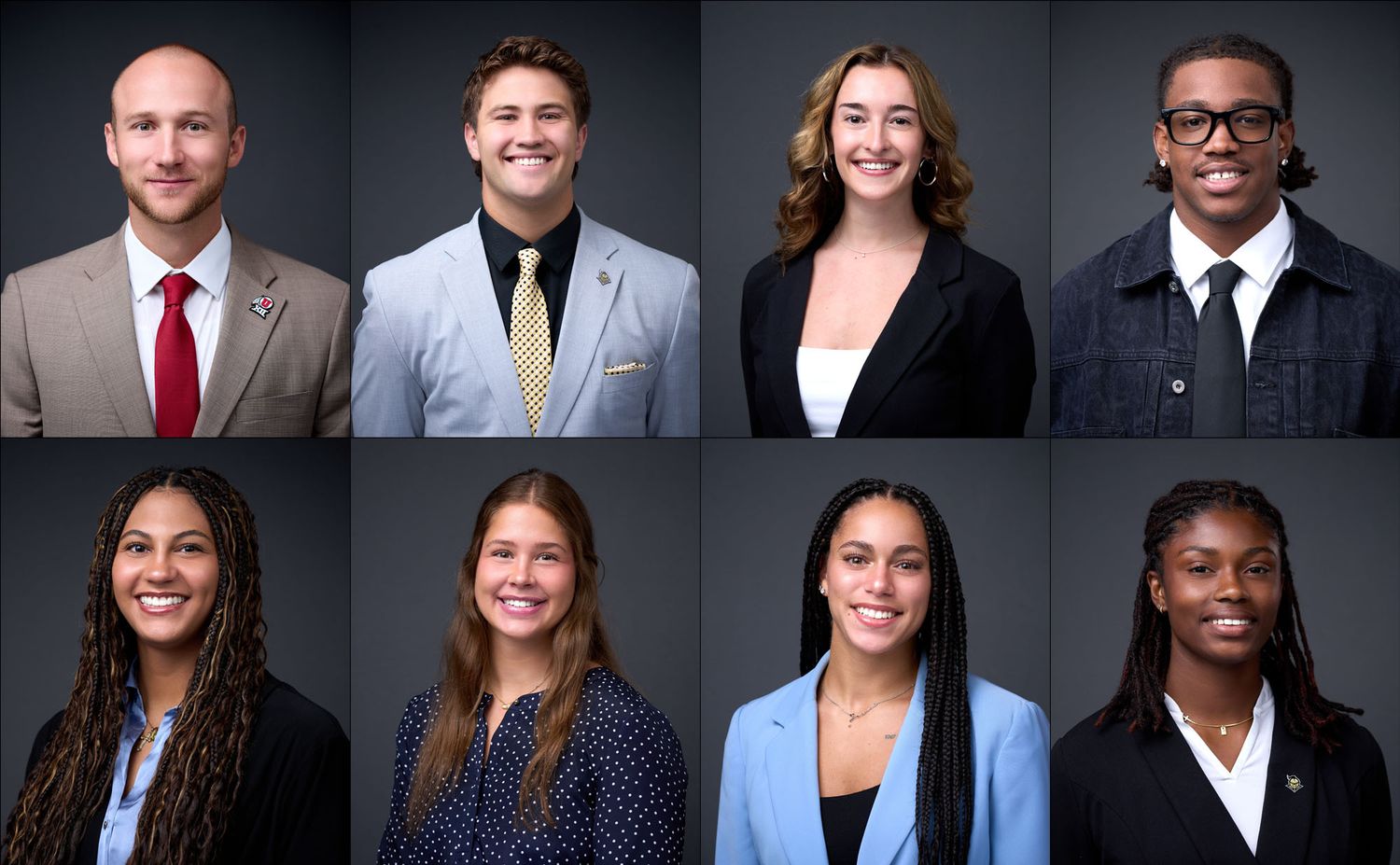 A collage of eight professional headshots of young adults in business attire posed against a gray background.