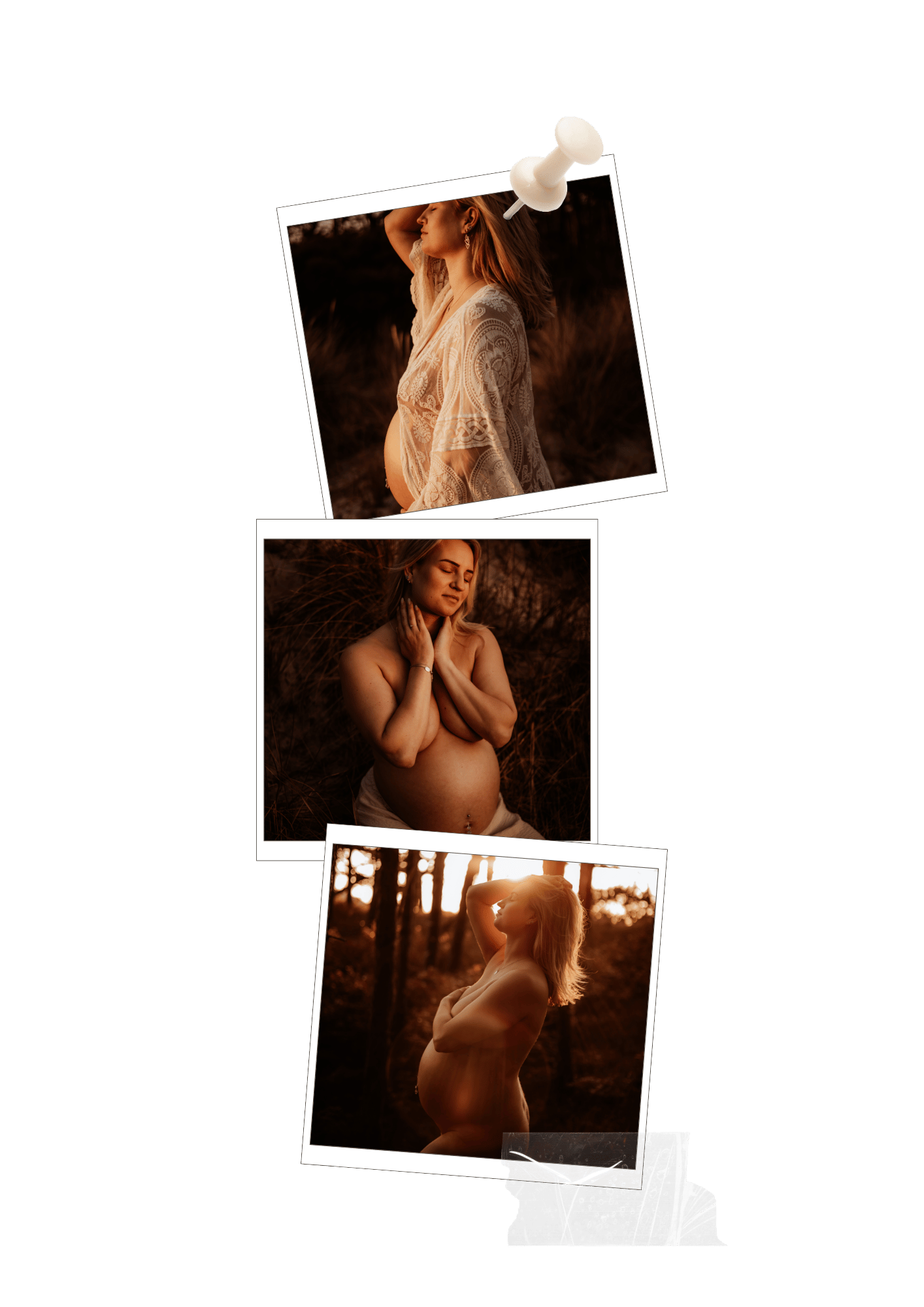 Collage of three warm-toned maternity photos of pregnant woman posing at golden hour in a forest.