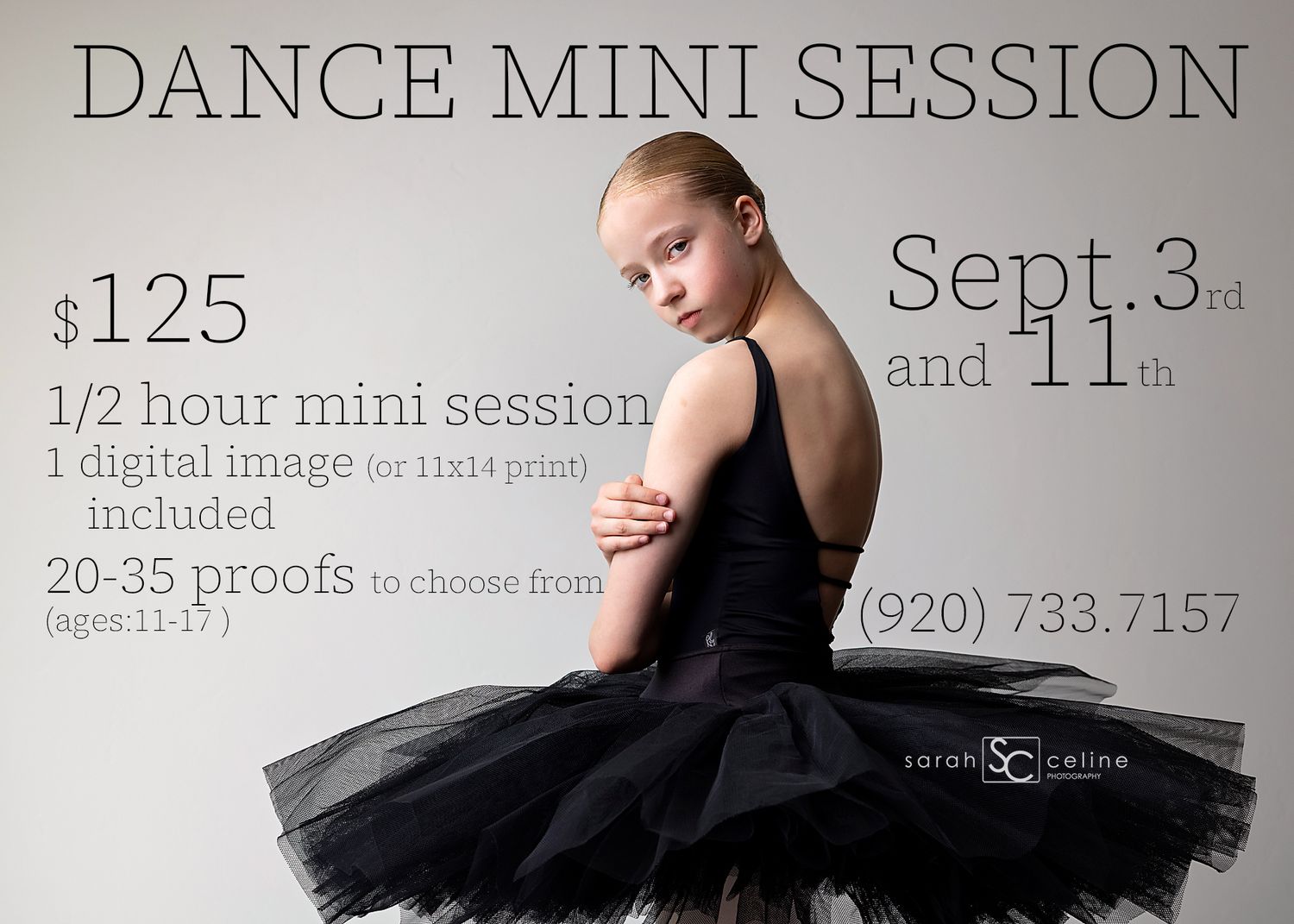 Young ballet dancer in black tutu poses for a Dance Mini Session photo shoot, $125 for 1/2 hour on Sept 3rd or 11th.