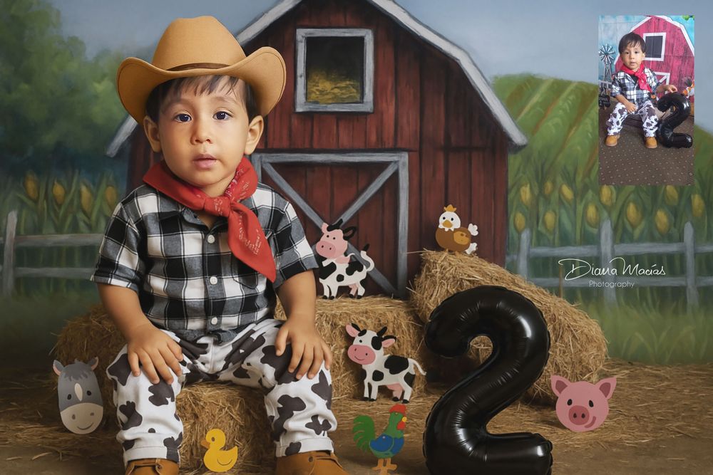 Retrato infantil con edición digital avanzada y fotomontaje creativo para sesiones de cumpleaños.