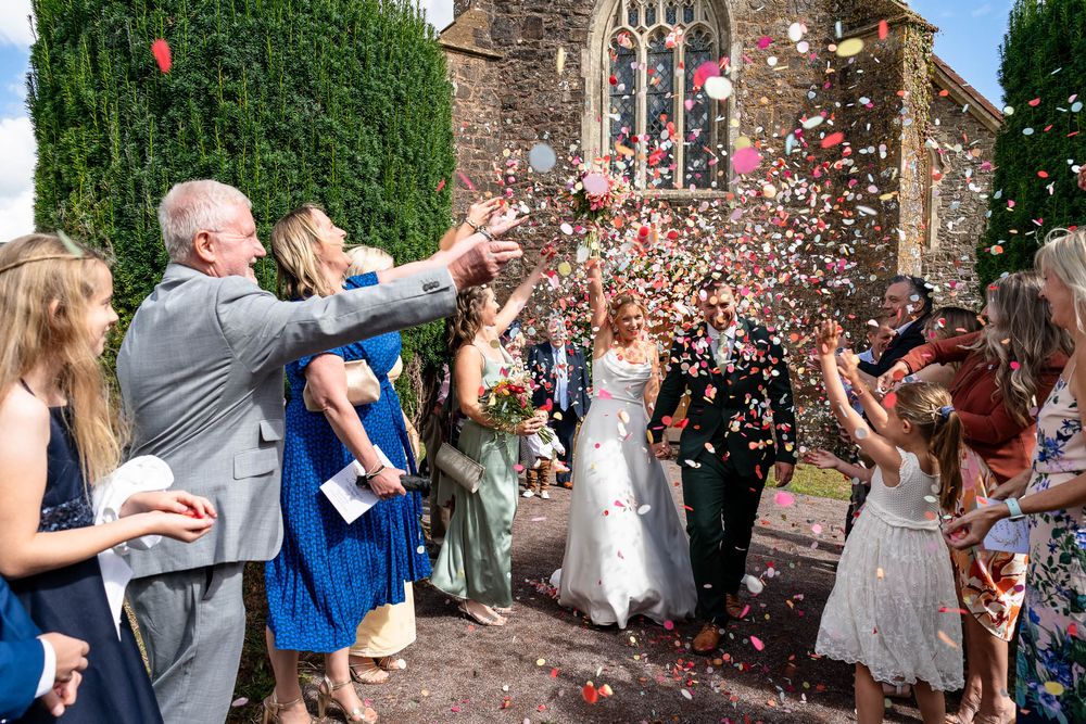 Confetti outside Stoodleigh Church Wedding