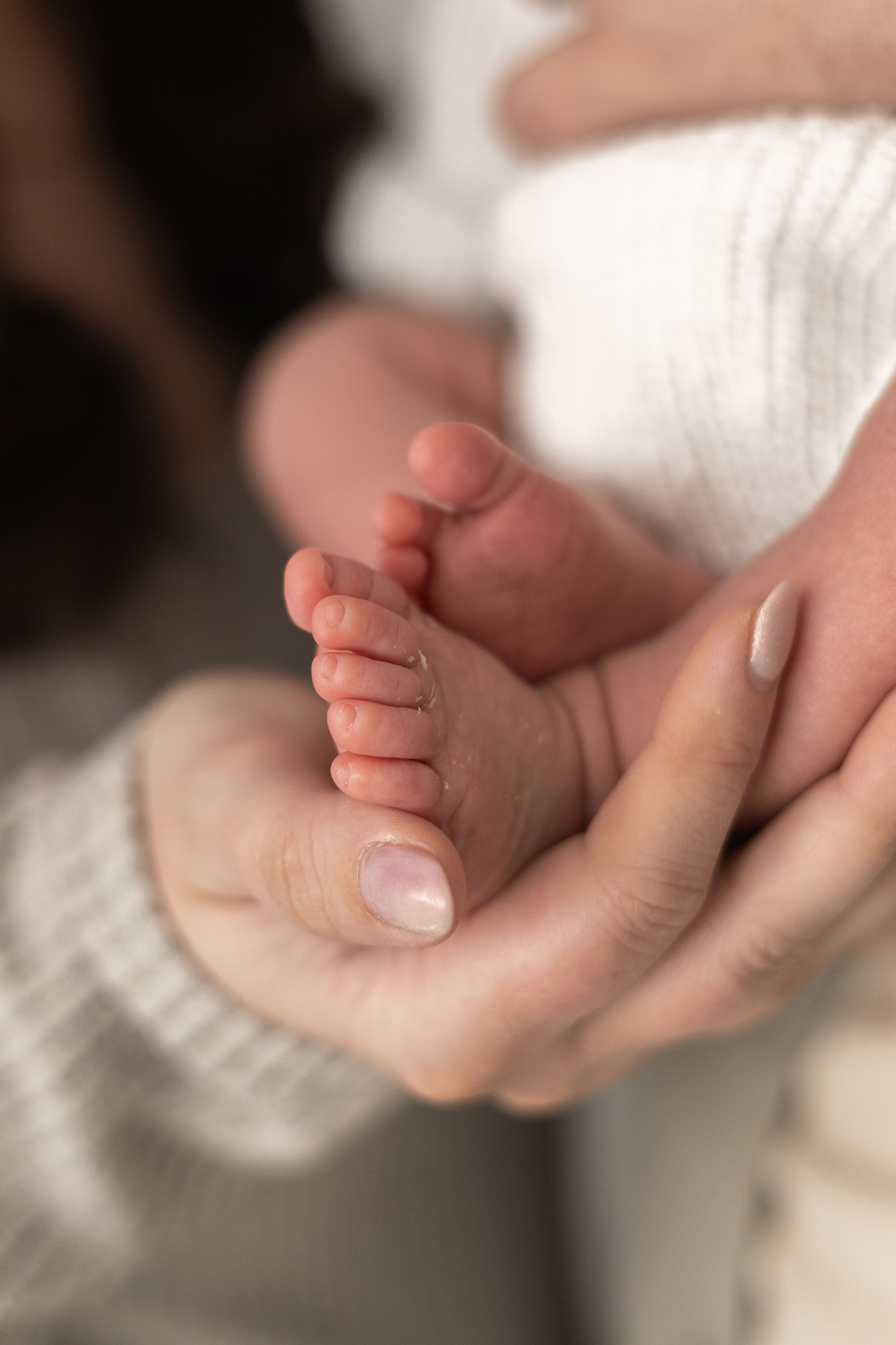 Close-up of tiny newborn baby feet cradled gently in mum and dads hands, during natural Newborn photoshoot Nottingham