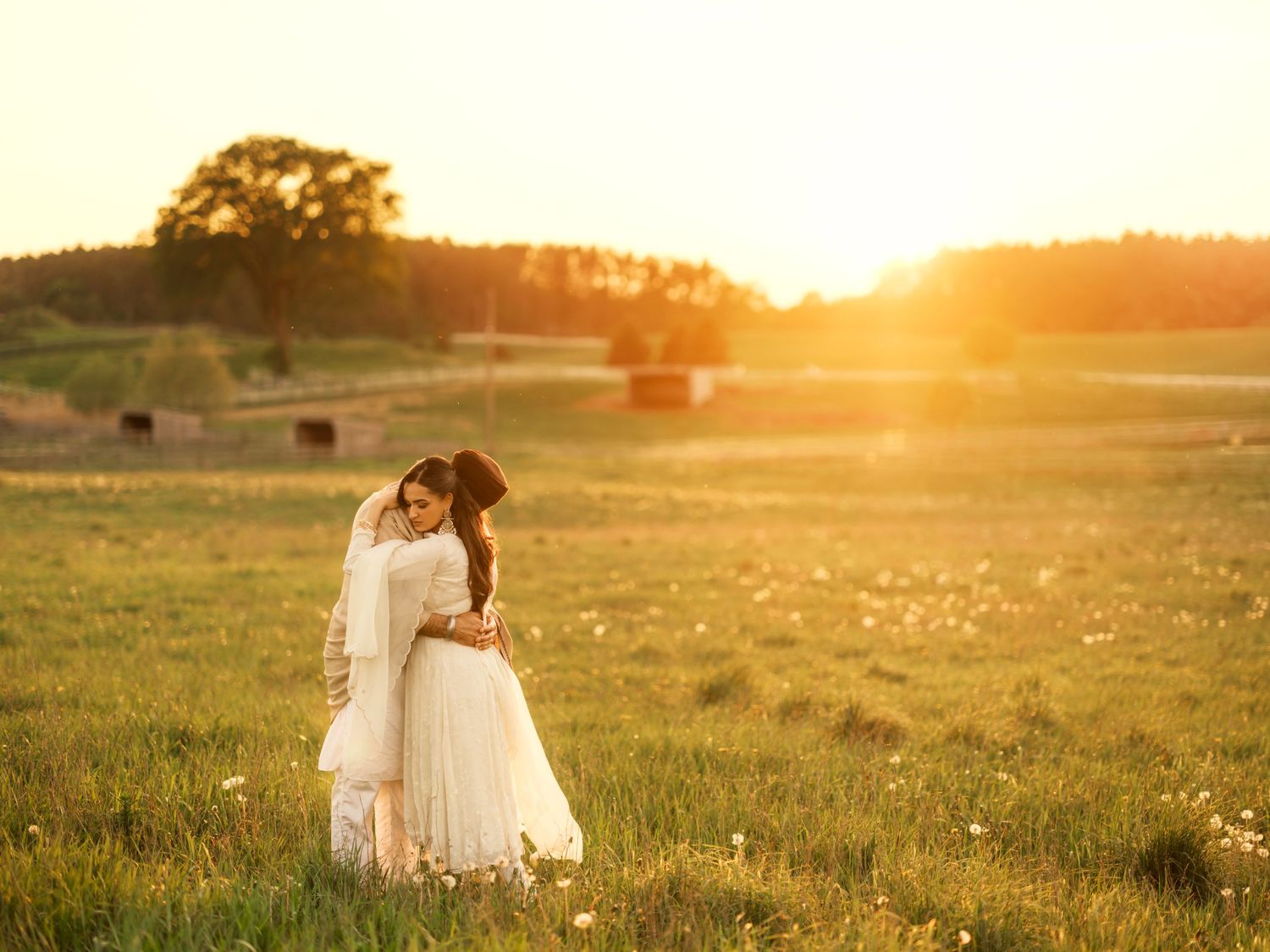 Couple embracing in a sunlit field at golden hour, bride in white gown and veil, romantic outdoor wedding photo.