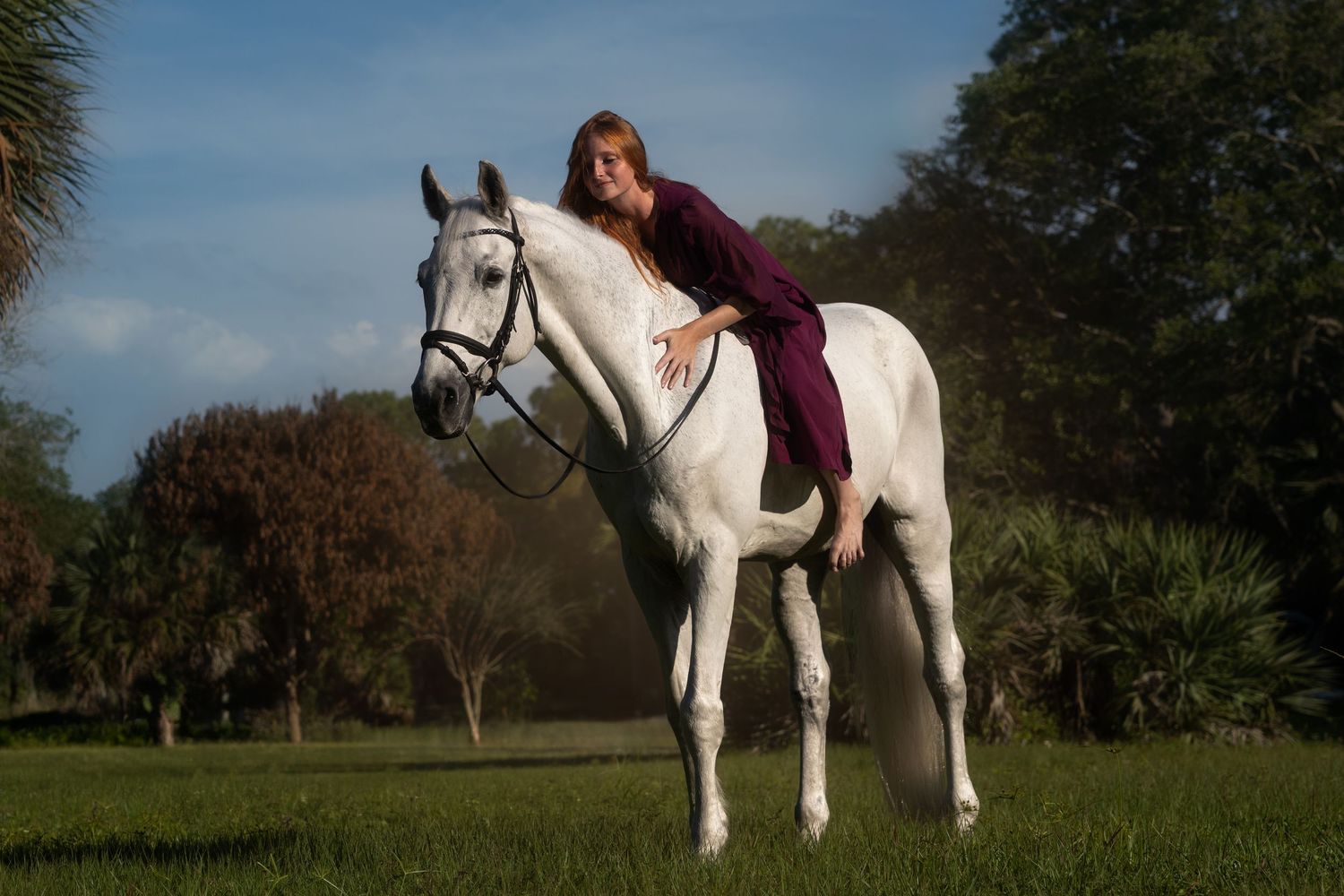 Blonde woman in purple dress posing on a white horse in a green meadow.