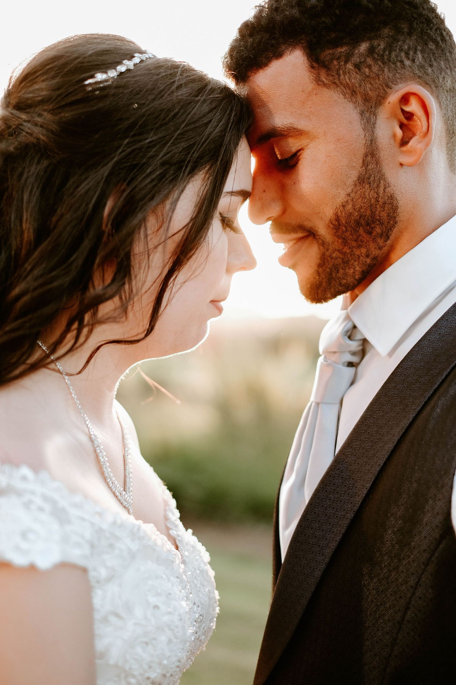 Romantic silhouette of couple in wedding attire against sunset.