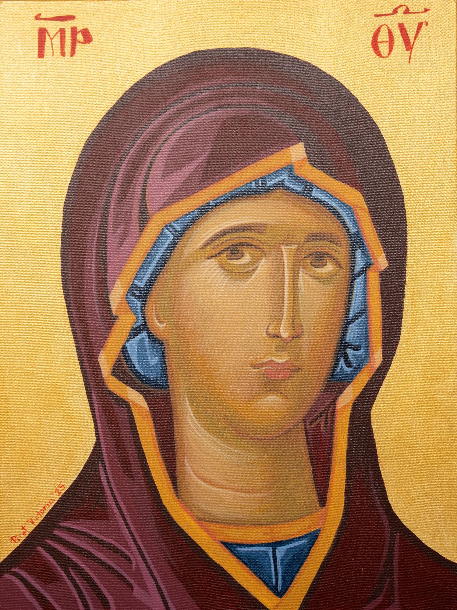 Hand-painted Christian icon portrait in traditional style by Piret Victoria Ribas.
