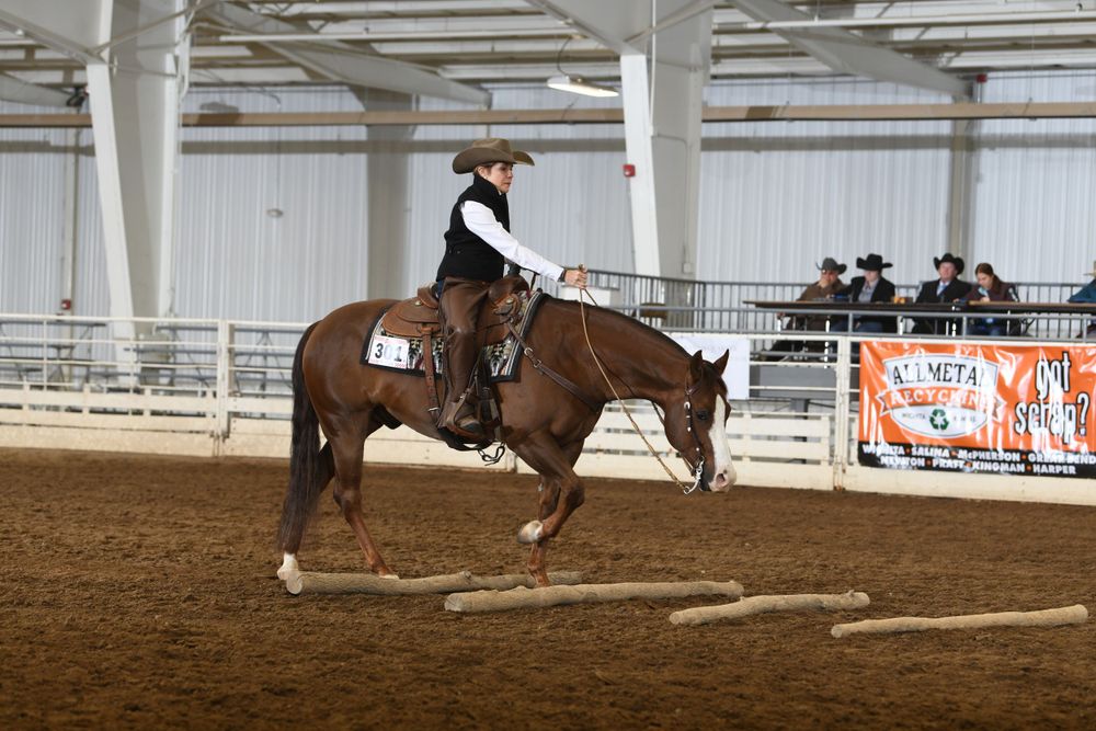 Horse and rider execute pattern work during western riding event.